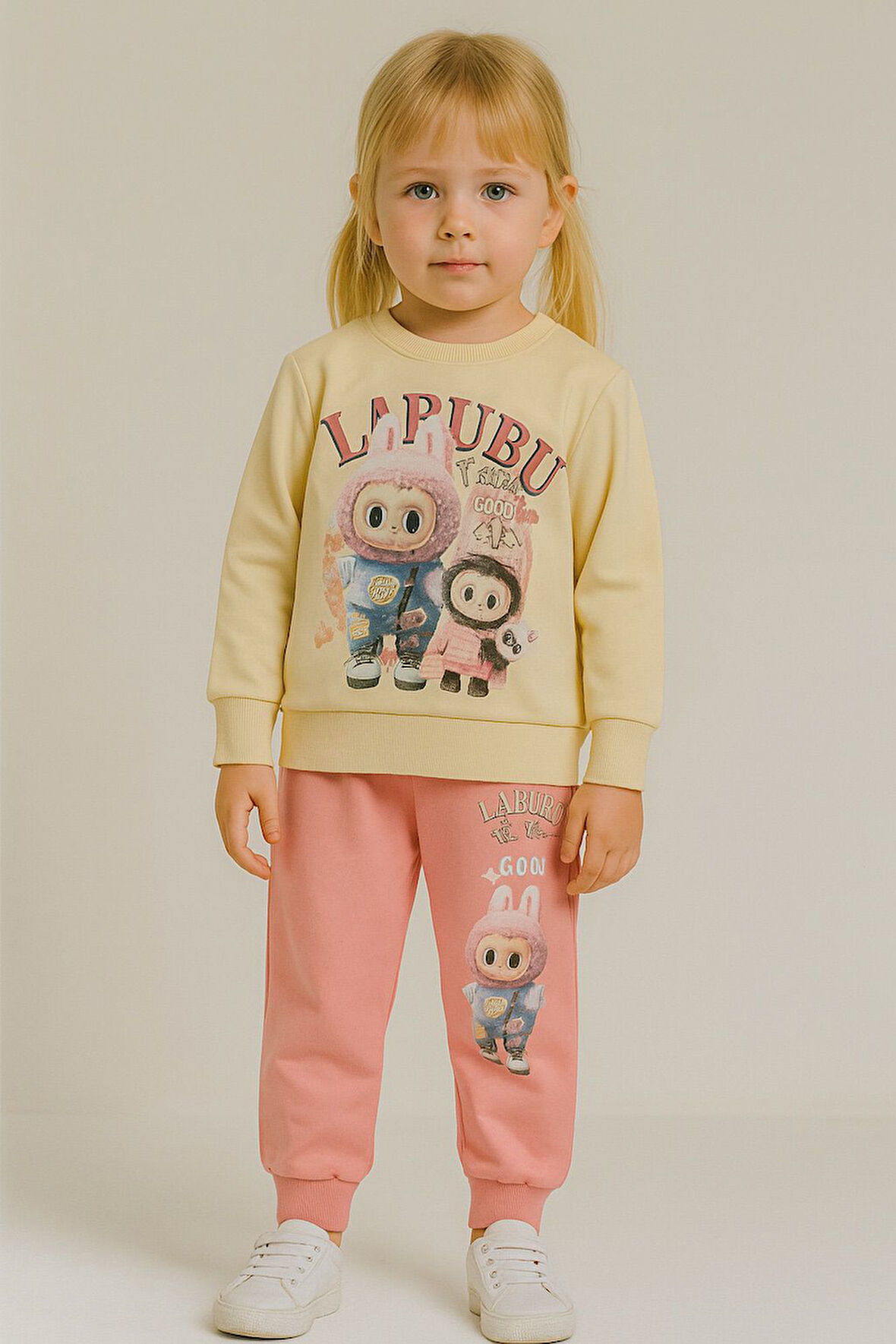 PJK2İ Labubu Desenli 2 İp %100 Pamuk Kız Çocuk Eşofman Takımı 3-10 Yaş 8187