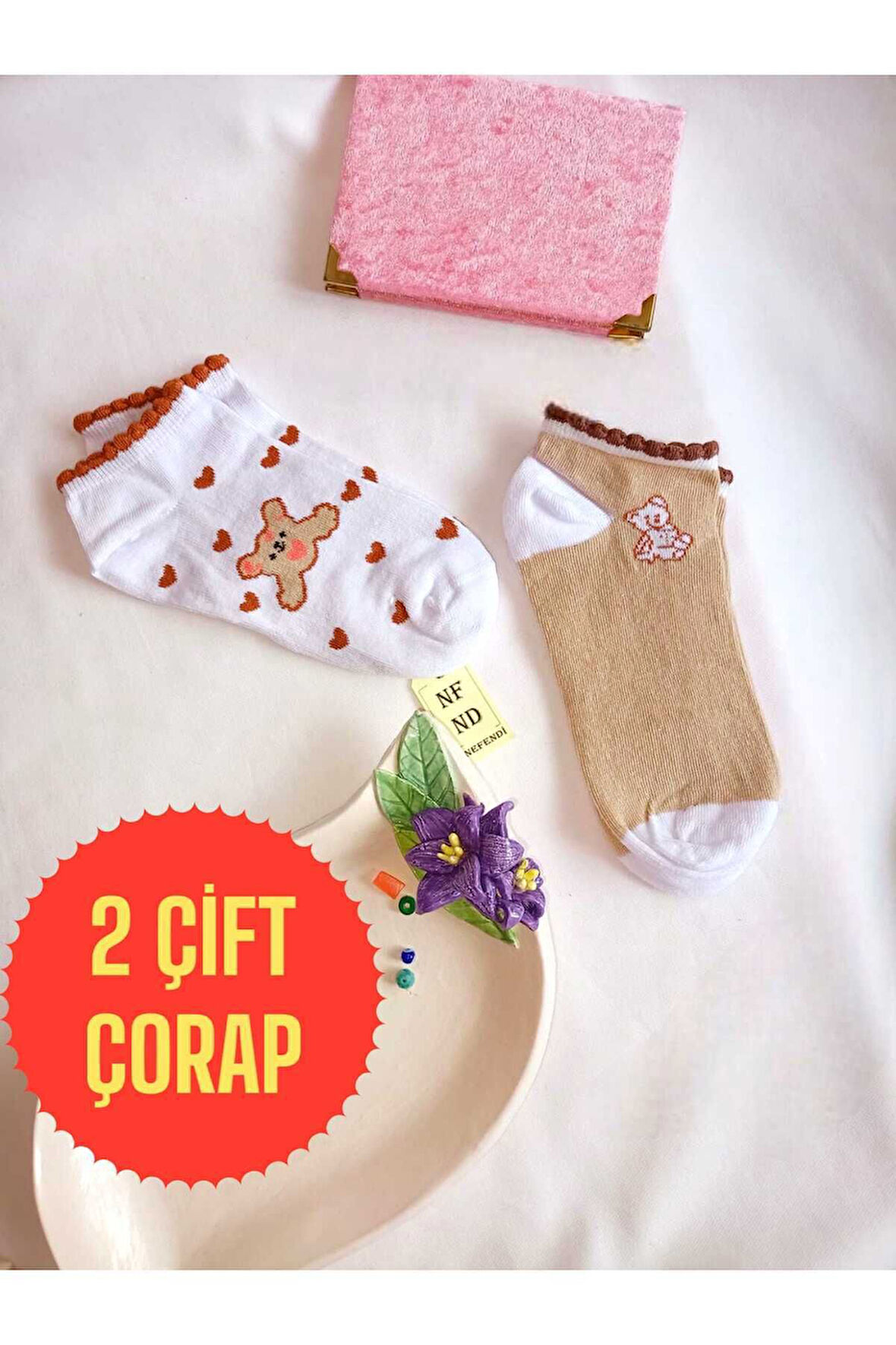 2 ÇİFT PATİK DİKİŞSİZ ÇORAP YUMUŞAK PAMUKLU KISA KONÇ DESENLİ KADIN ÇORABI 36-40 KAHVE BEYAZ