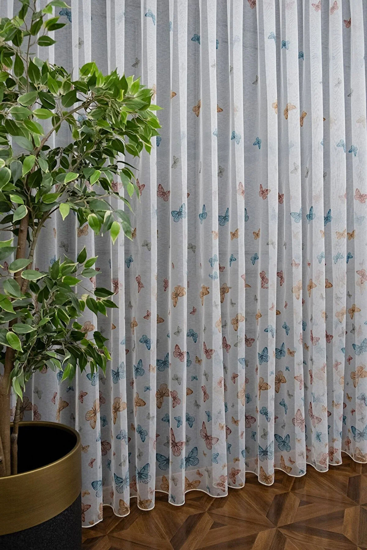 Çocuk Odası Renkli Kelebek Modeli 2kat Pileli Tül Perde