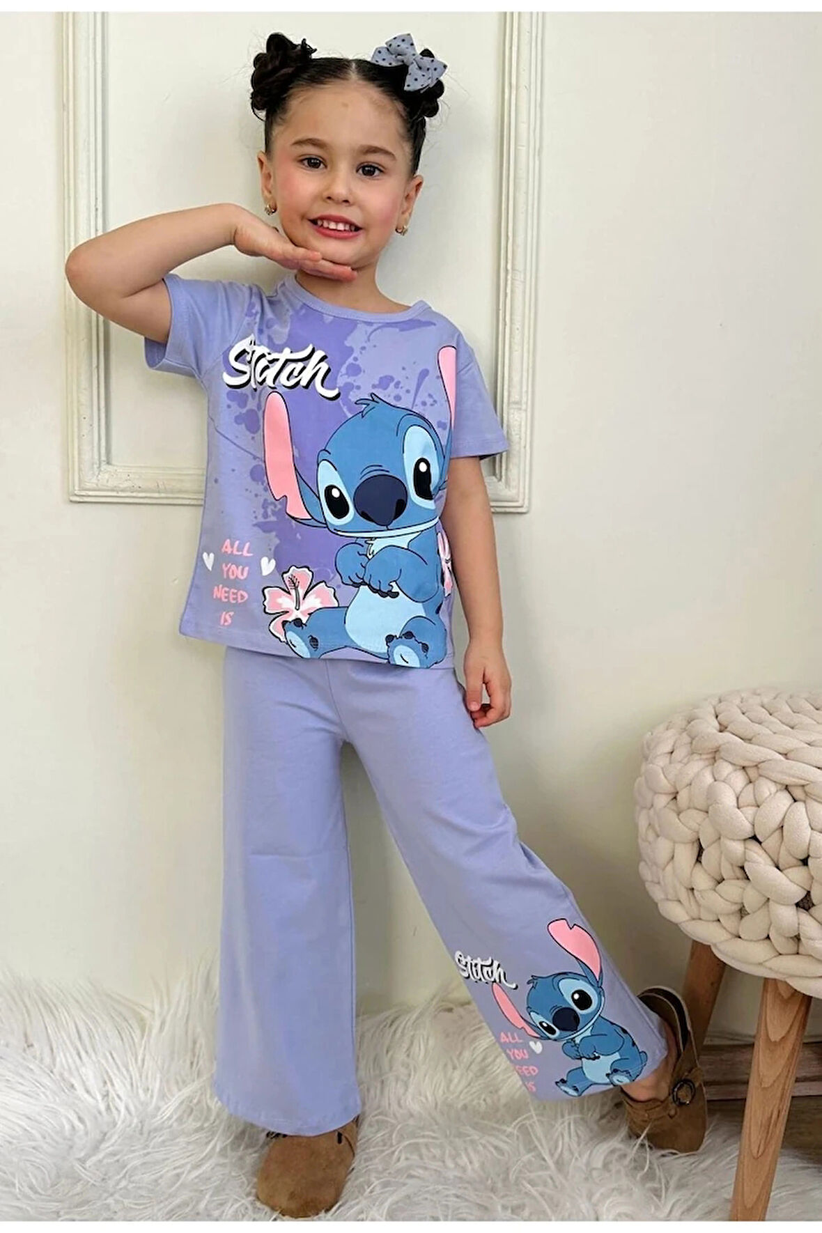 PJKBP Stitch Desenli Lila Bol Paça Kız Çocuk Kısa Kol Takım 3-10 Yaş 7617-L