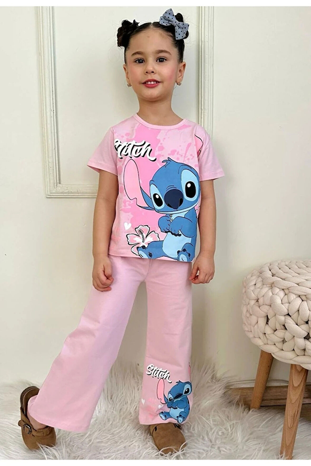 PJKBP Stitch Desenli Pembe Bol Paça Kız Çocuk Kısa Kol Takım 3-10 Yaş 7617-P