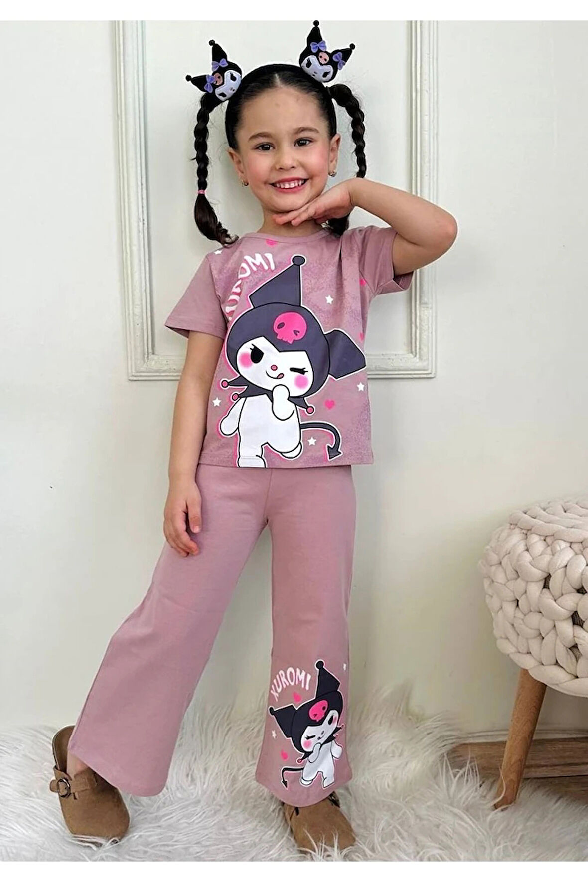 PJKBP Kuromi Desenli Gül Kurusu Bol Paça Kız Çocuk Kısa Kol Takım 3-10 Yaş 7618-GK