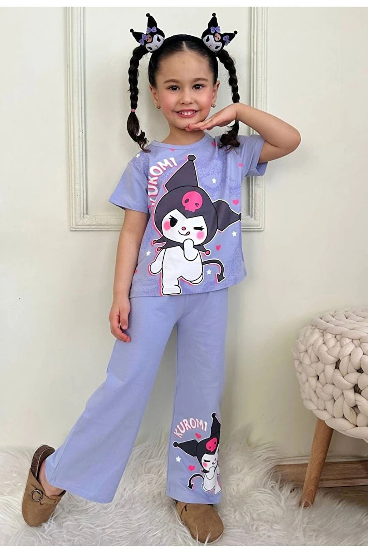 PJKBP Kuromi Desenli Lila Bol Paça Kız Çocuk Kısa Kol Takım 3-10 Yaş 7618-L