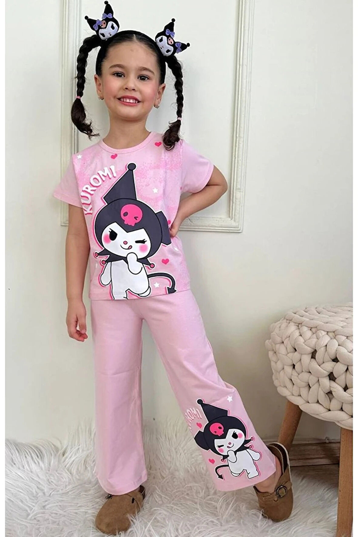 PJKBP Kuromi Desenli Pembe Bol Paça Kız Çocuk Kısa Kol Takım 3-10 Yaş 7618-P