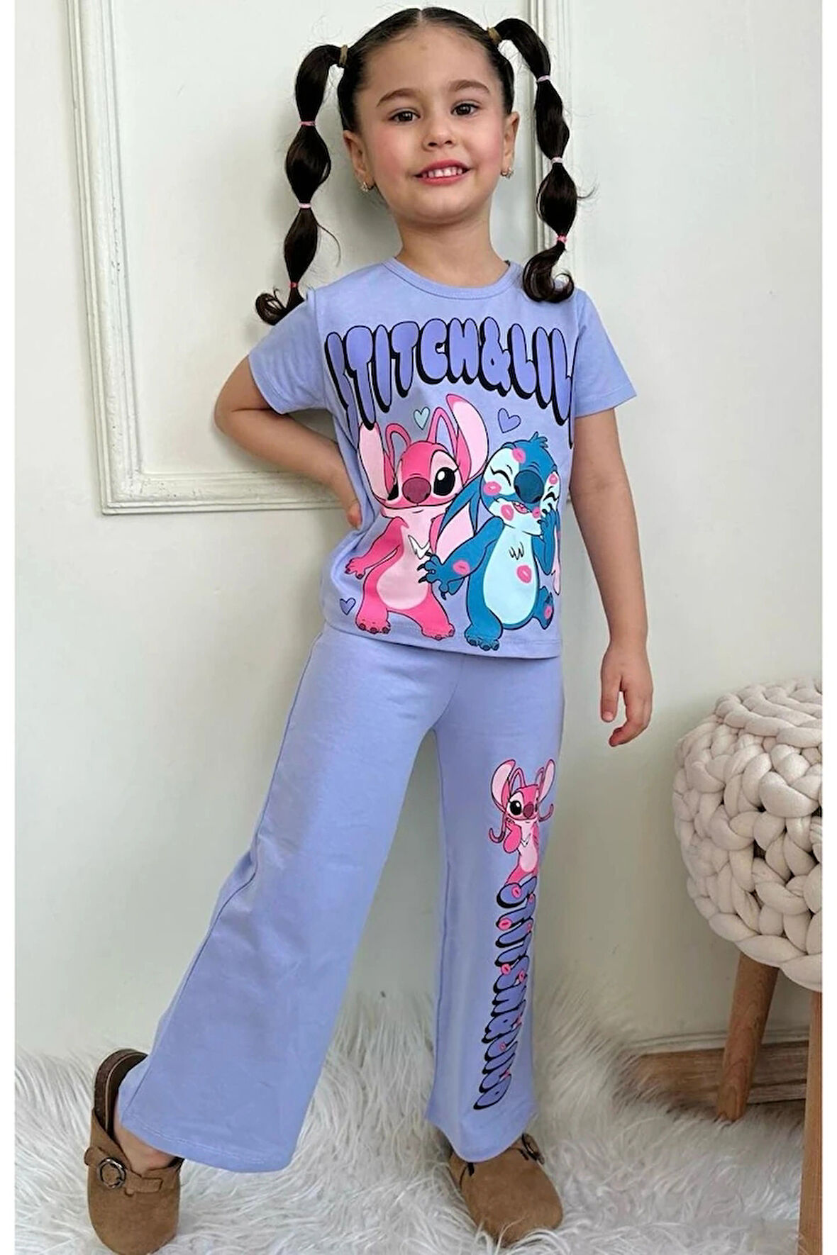 PJKBP Stitch Desenli Lila Bol Paça Kız Çocuk Kısa Kol Takım 3-10 Yaş 7619-L