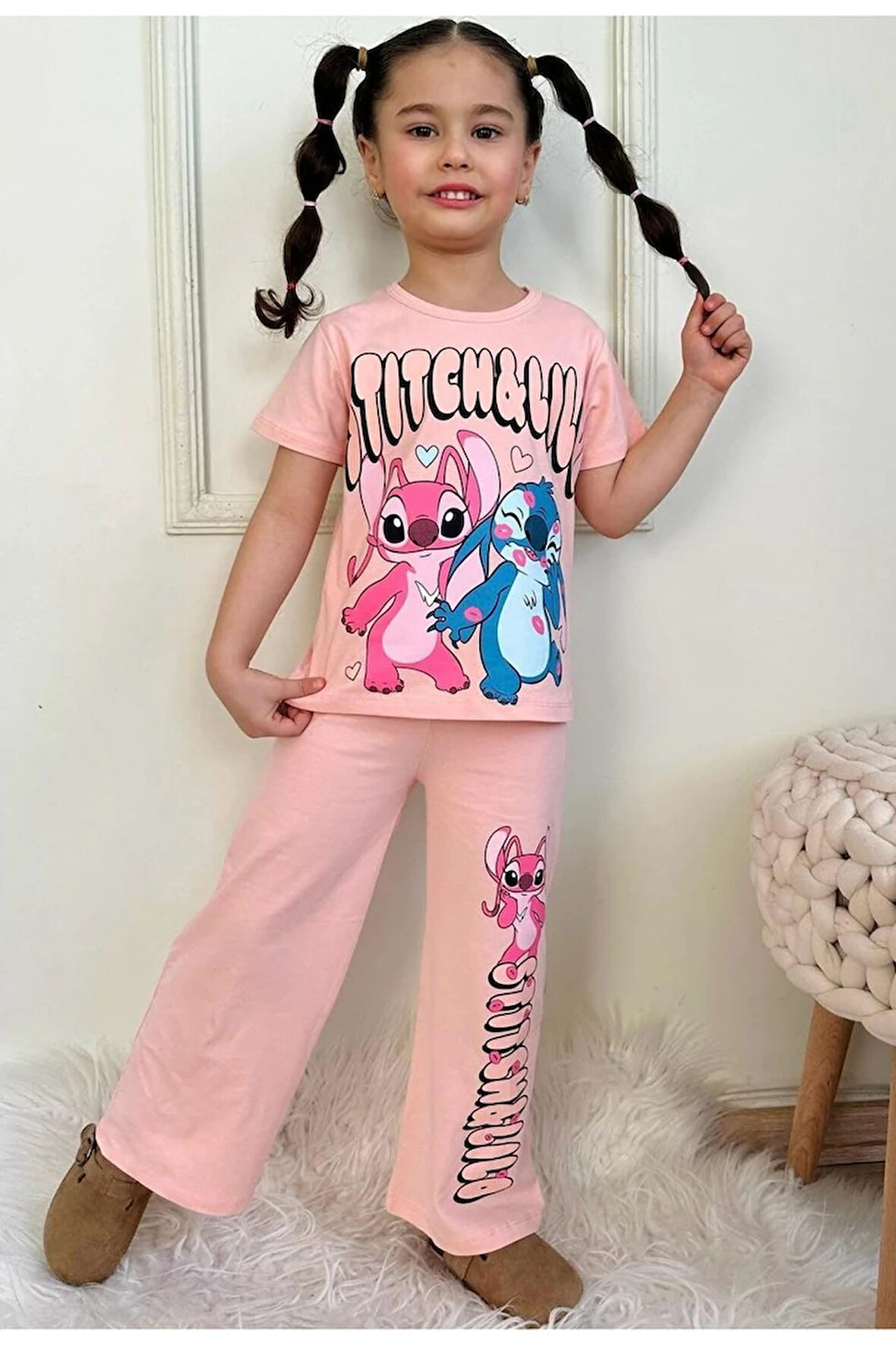 PJKBP Stitch Desenli Somon Bol Paça Kız Çocuk Kısa Kol Takım 3-10 Yaş 7619-S