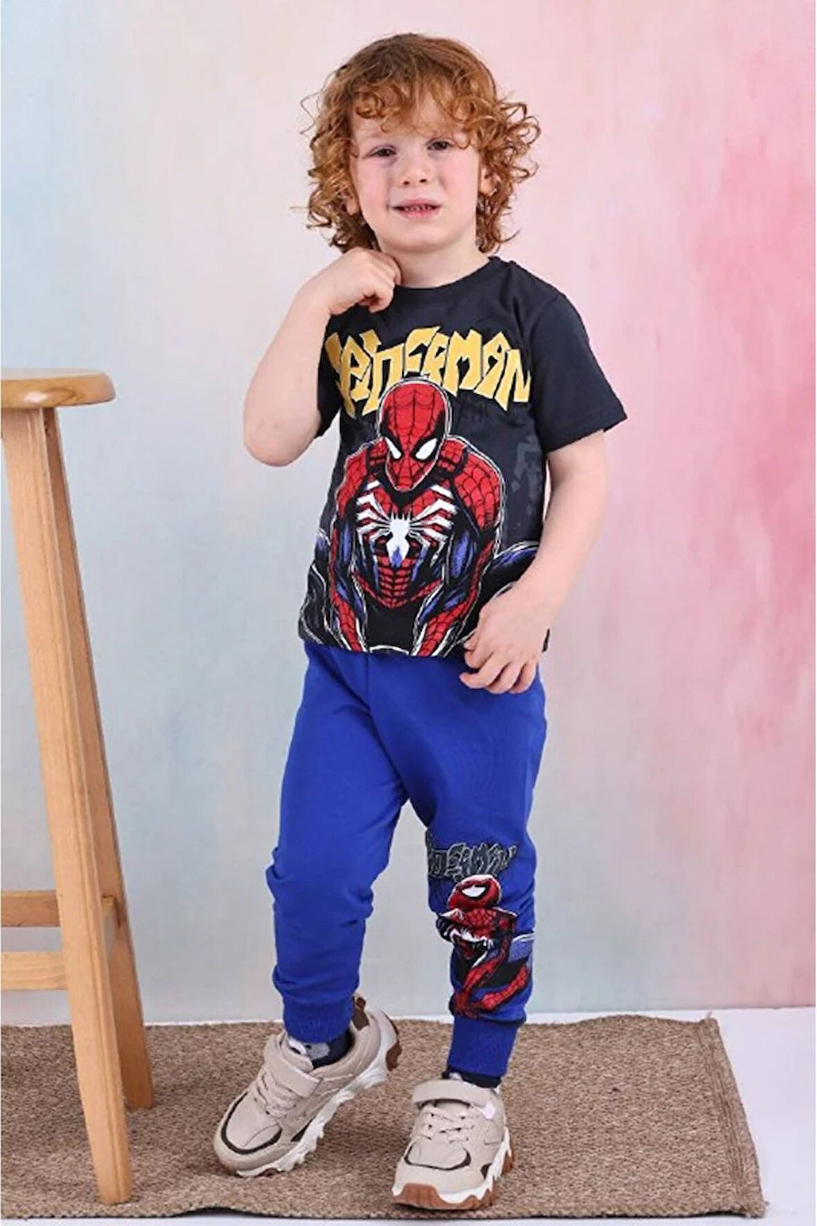 PJKKE Örümcek Adam Desenli Mavi Eşofmanlı Erkek Çocuk Kısa Kol Takım 3-10 Yaş 7438-M