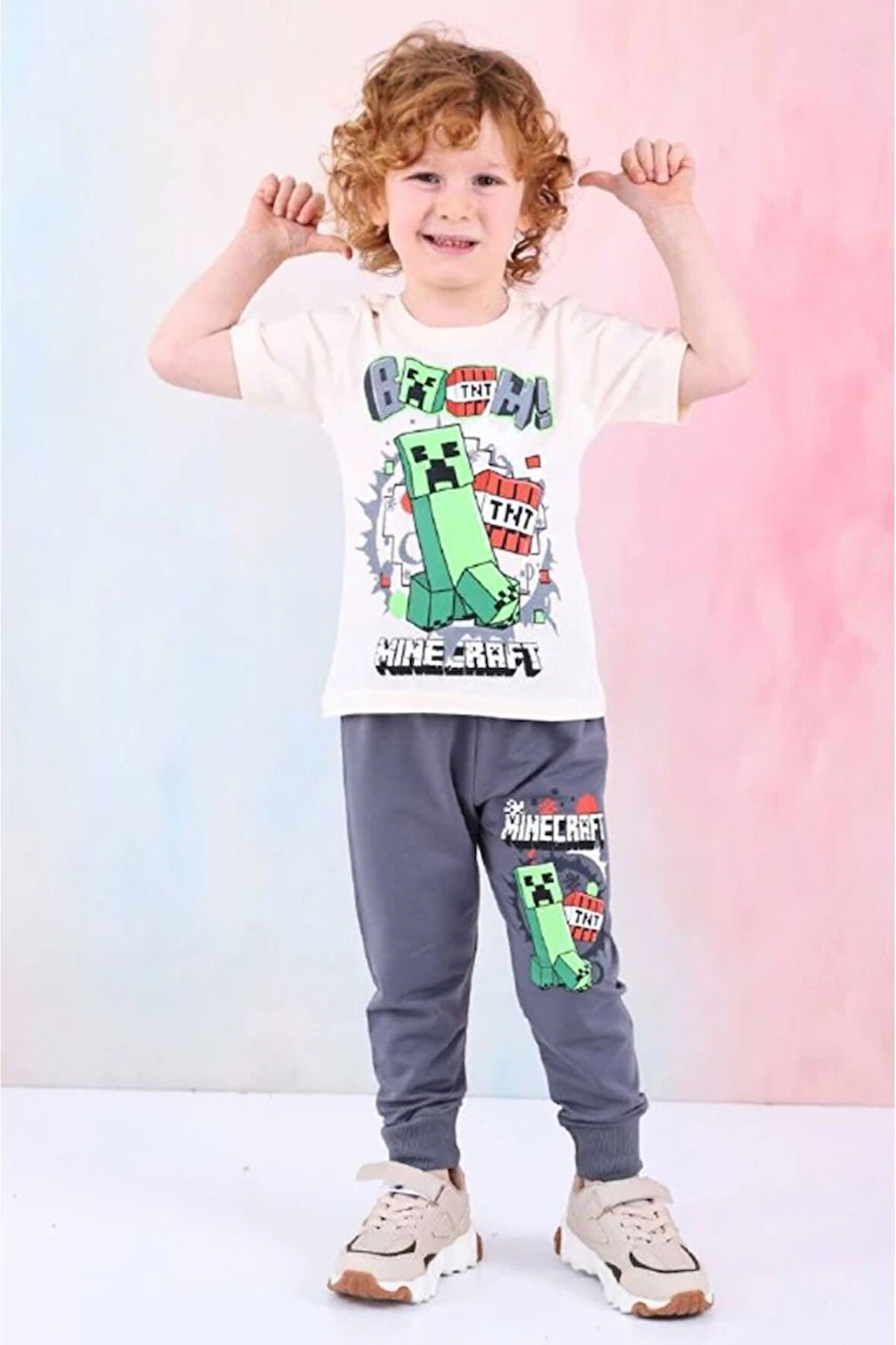 PJKKE  Desenli Füme Eşofmanlı Erkek Çocuk Kısa Kol Takım 3-10 Yaş 7461-F