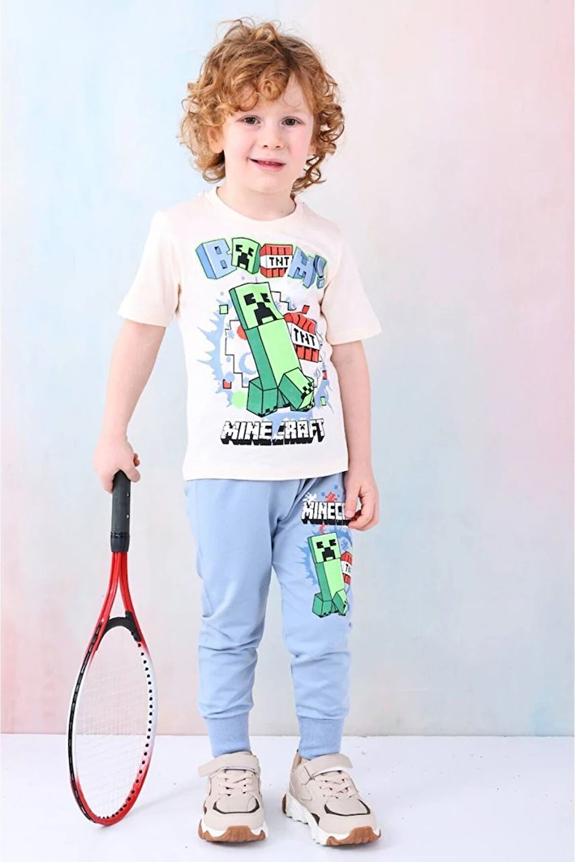 PJKKE  Desenli Mavi Eşofmanlı Erkek Çocuk Kısa Kol Takım 3-10 Yaş 7461-M