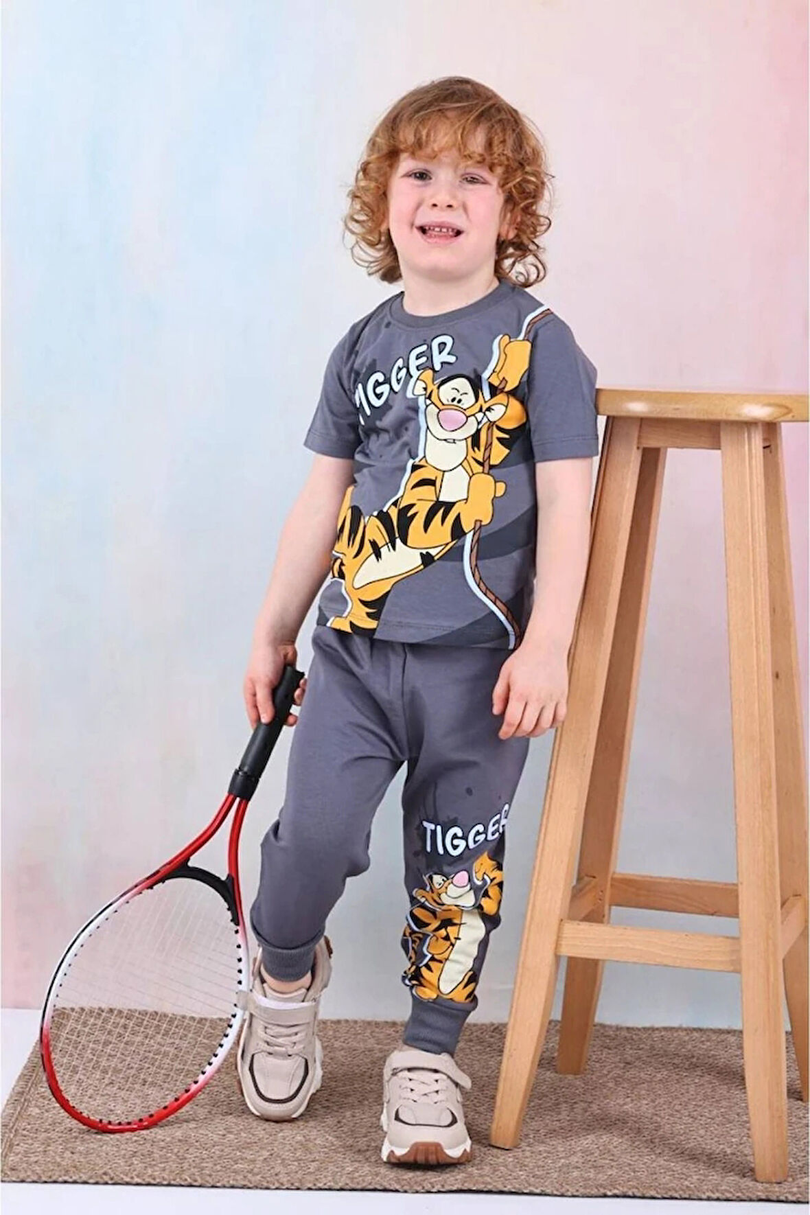 PJKKE Tiger Winnie Pooh Desenli Füme Eşofmanlı Erkek Çocuk Kısa Kol Takım 3-10 Yaş 7463-F