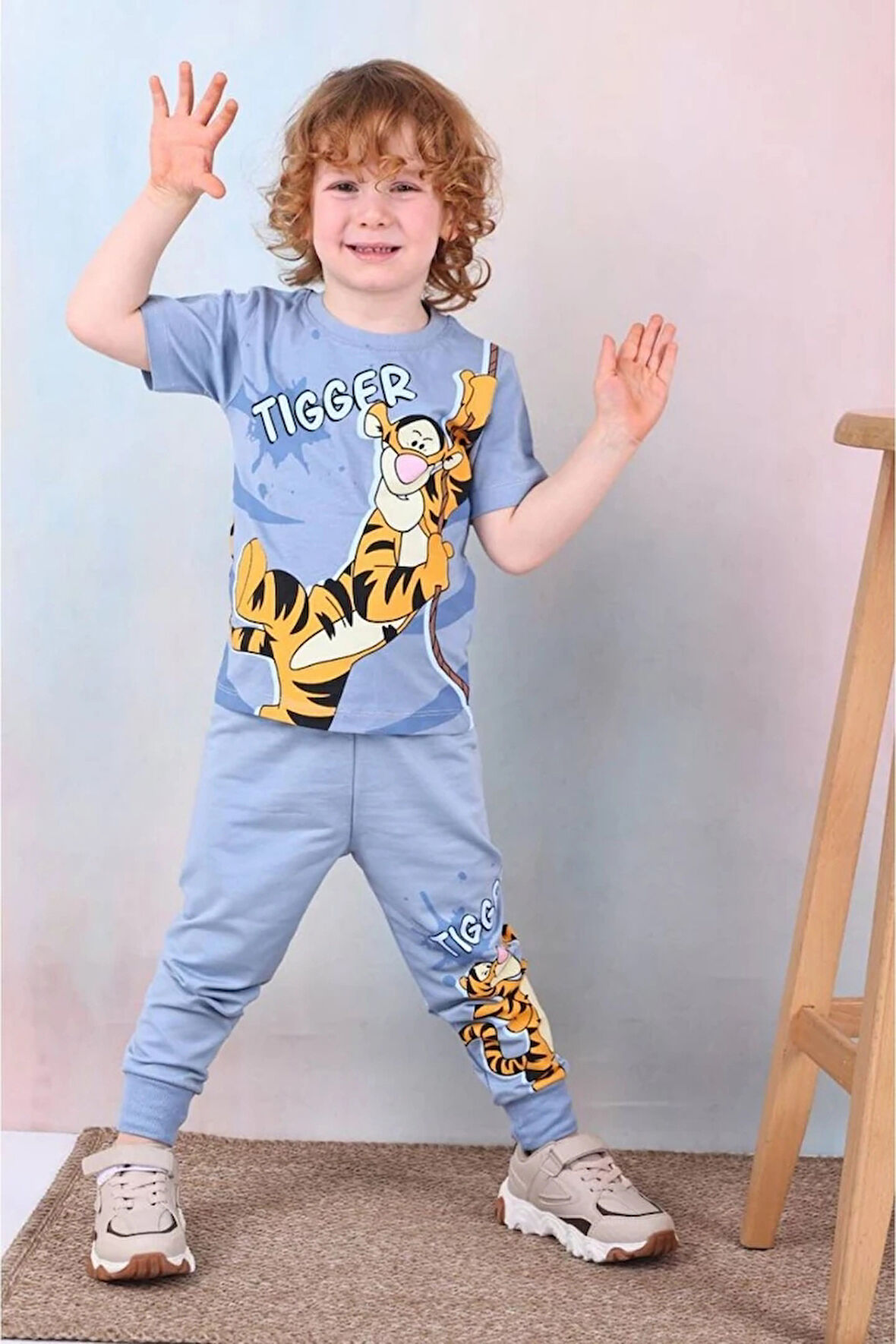 PJKKE Tiger Winnie Pooh Desenli Mavi Eşofmanlı Erkek Çocuk Kısa Kol Takım 3-10 Yaş 7463-M