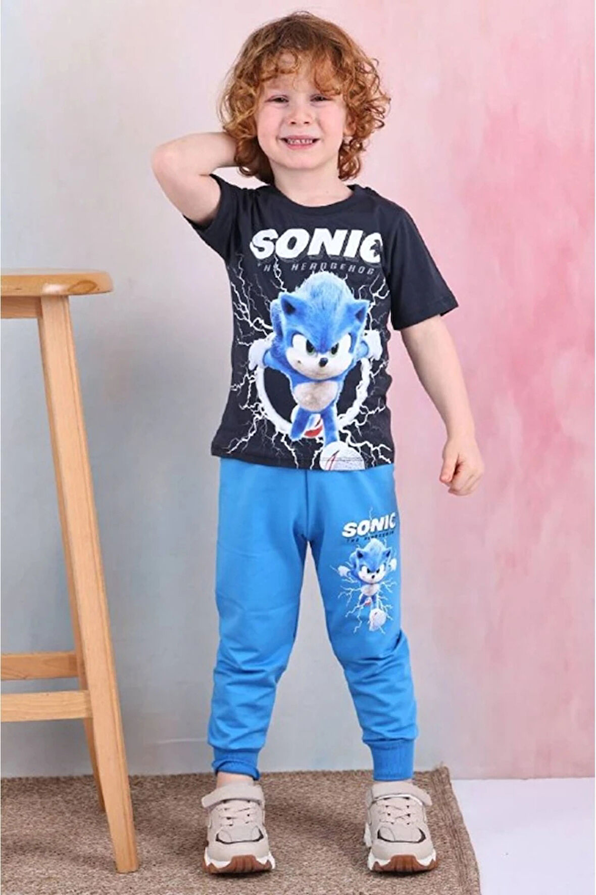 PJKKE Sonic Desenli Mavi Eşofmanlı Erkek Çocuk Kısa Kol Takım 3-10 Yaş 7467-M