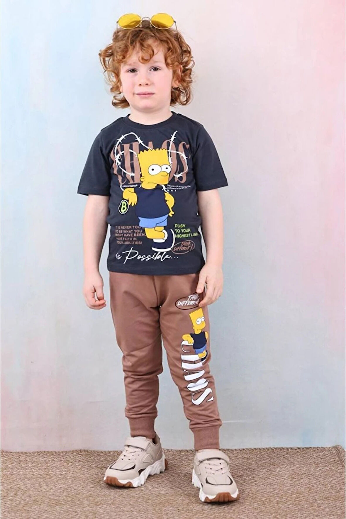 PJKKE Simpson Desenli Kahverengi Eşofmanlı Erkek Çocuk Kısa Kol Takım 3-10 Yaş 7492-K