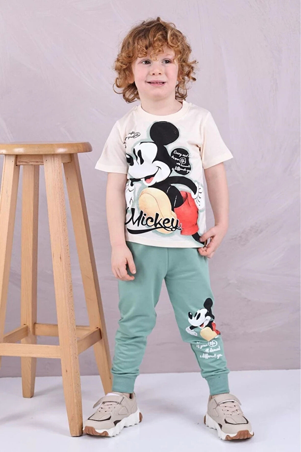 PJKKE Mickey Mause Desenli Yeşil Eşofmanlı Erkek Çocuk Kısa Kol Takım 3-10 Yaş 7507-Y