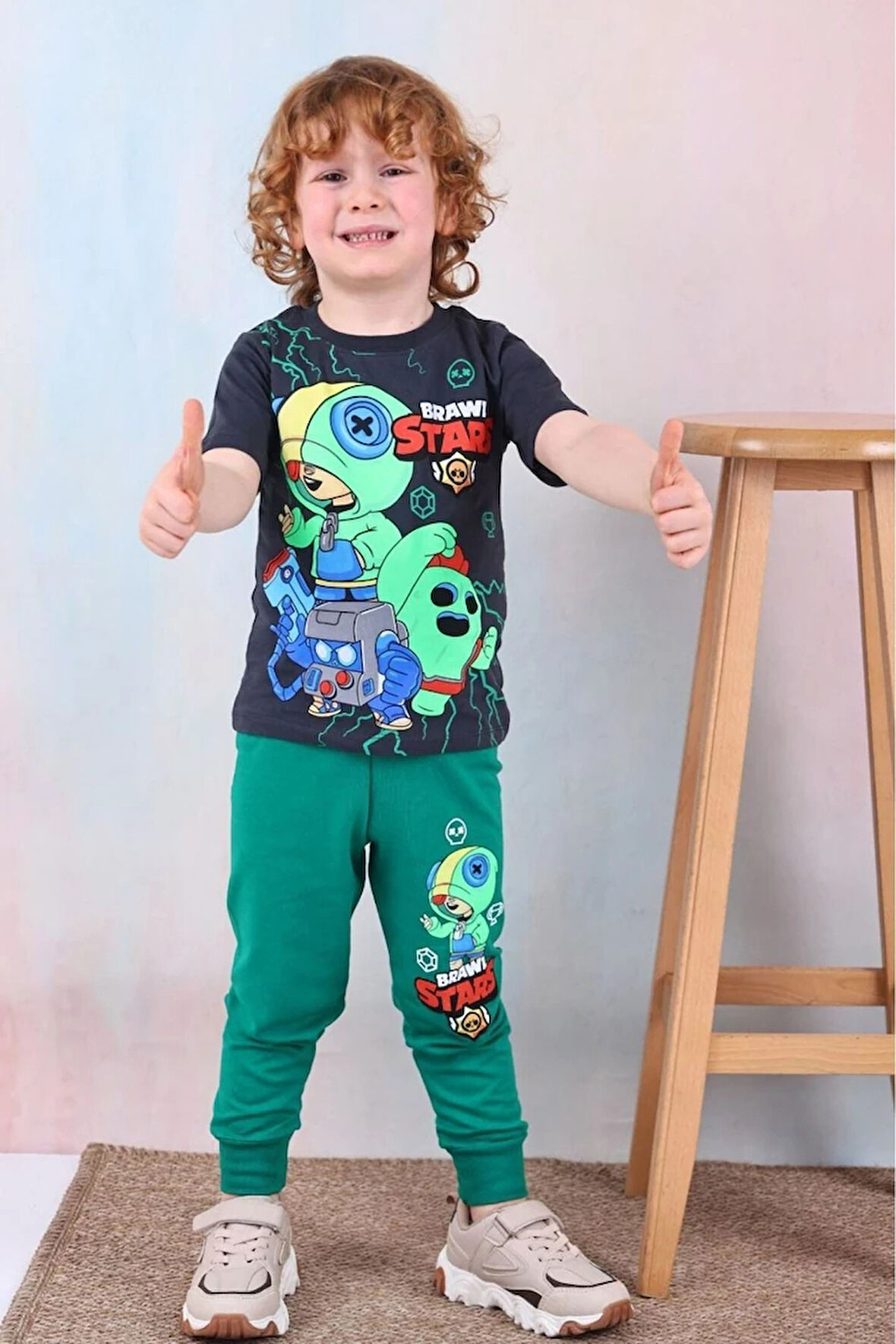 PJKKE Brawl Stars Desenli Yeşil Eşofmanlı Erkek Çocuk Kısa Kol Takım 3-10 Yaş 7508-Y