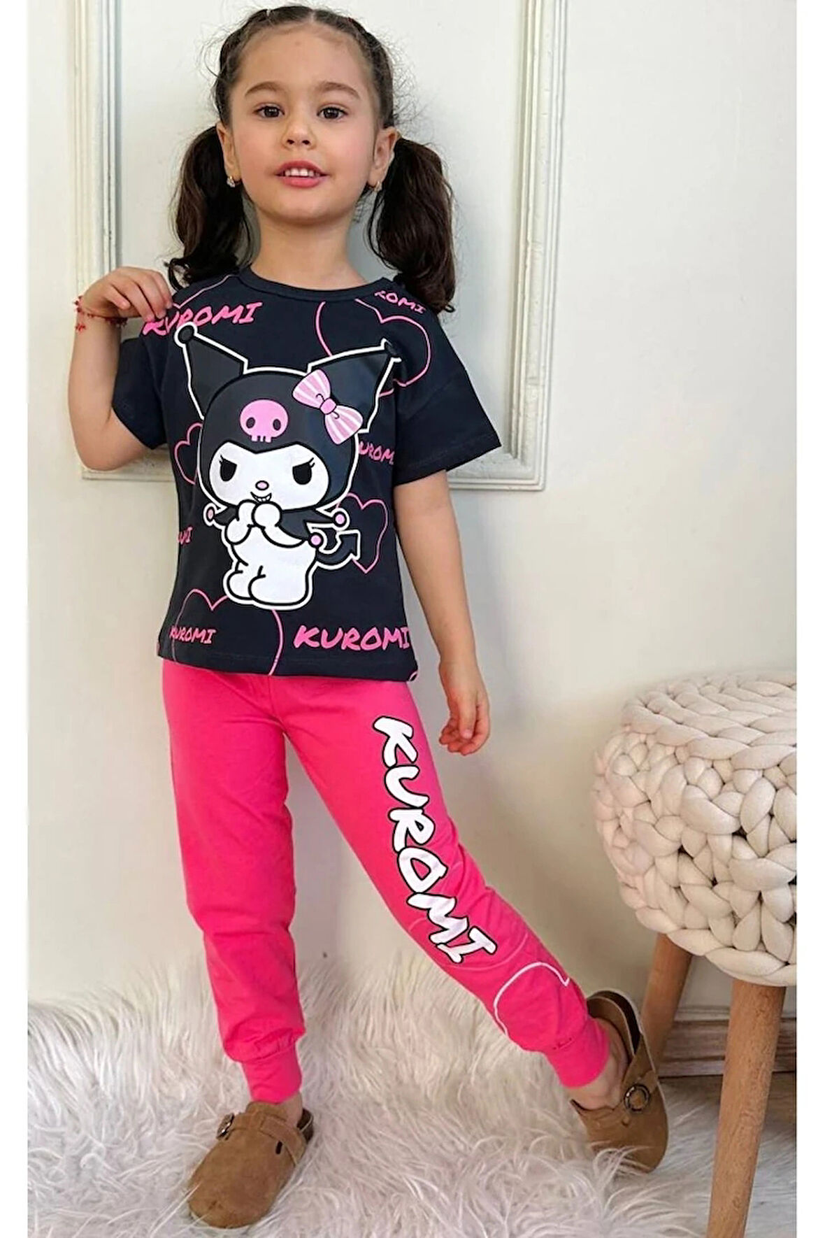 PJKKE Kuromi Desenli Fuşya Eşofmanlı Kız Çocuk Kısa Kol Takım 3-10 Yaş 7411-F