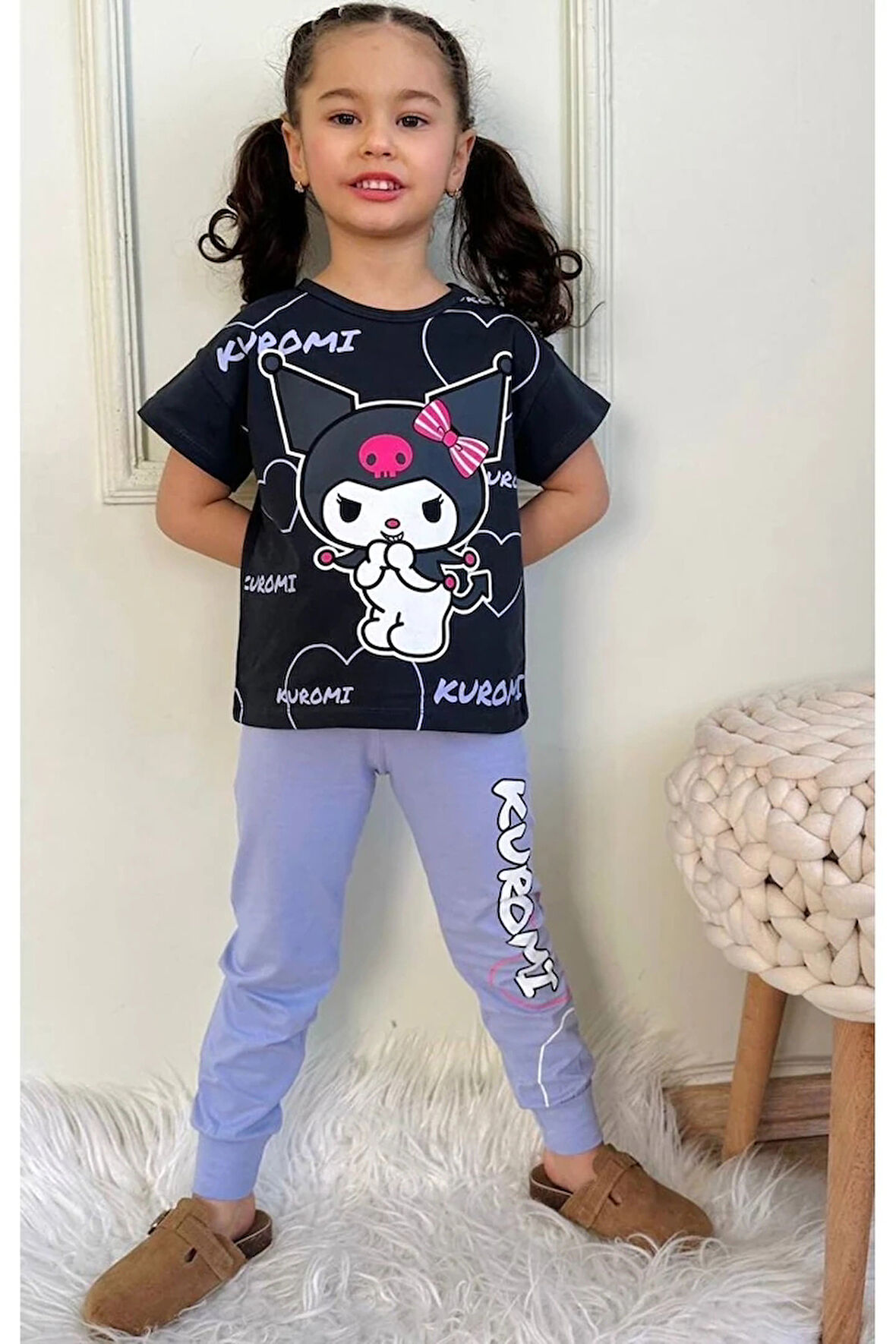 PJKKE Kuromi Desenli Lila Eşofmanlı Kız Çocuk Kısa Kol Takım 3-10 Yaş 7411-L