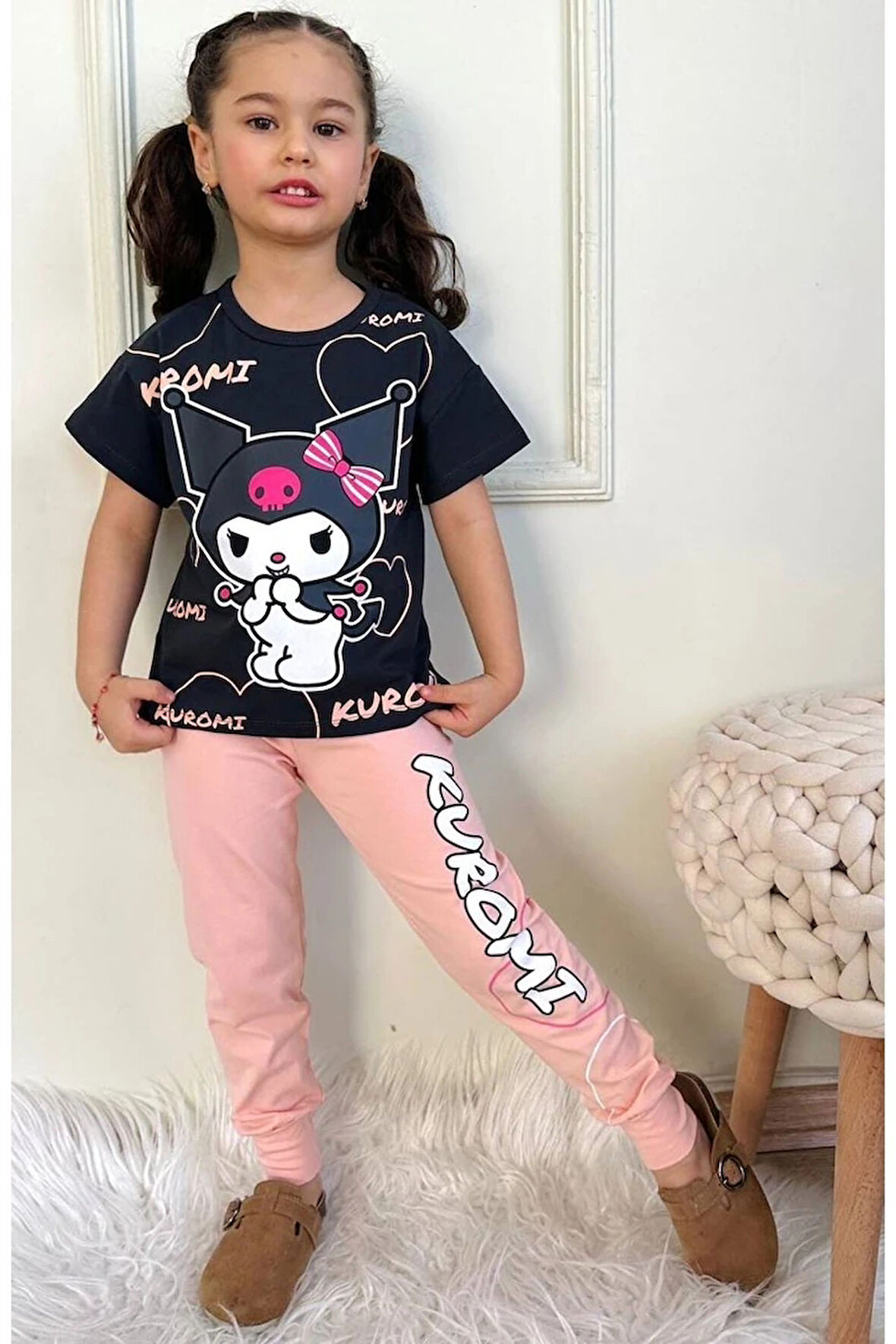 PJKKE Kuromi Desenli Somon Eşofmanlı Kız Çocuk Kısa Kol Takım 3-10 Yaş 7411-S