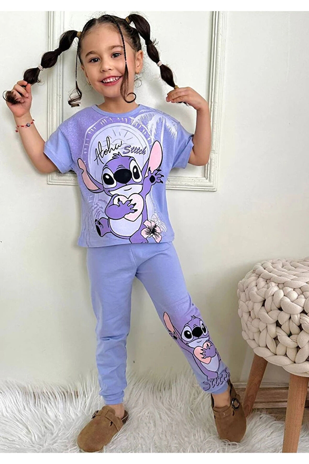 PJKKE Stitch Desenli Lila Eşofmanlı Kız Çocuk Kısa Kol Takım 3-10 Yaş 7434-L
