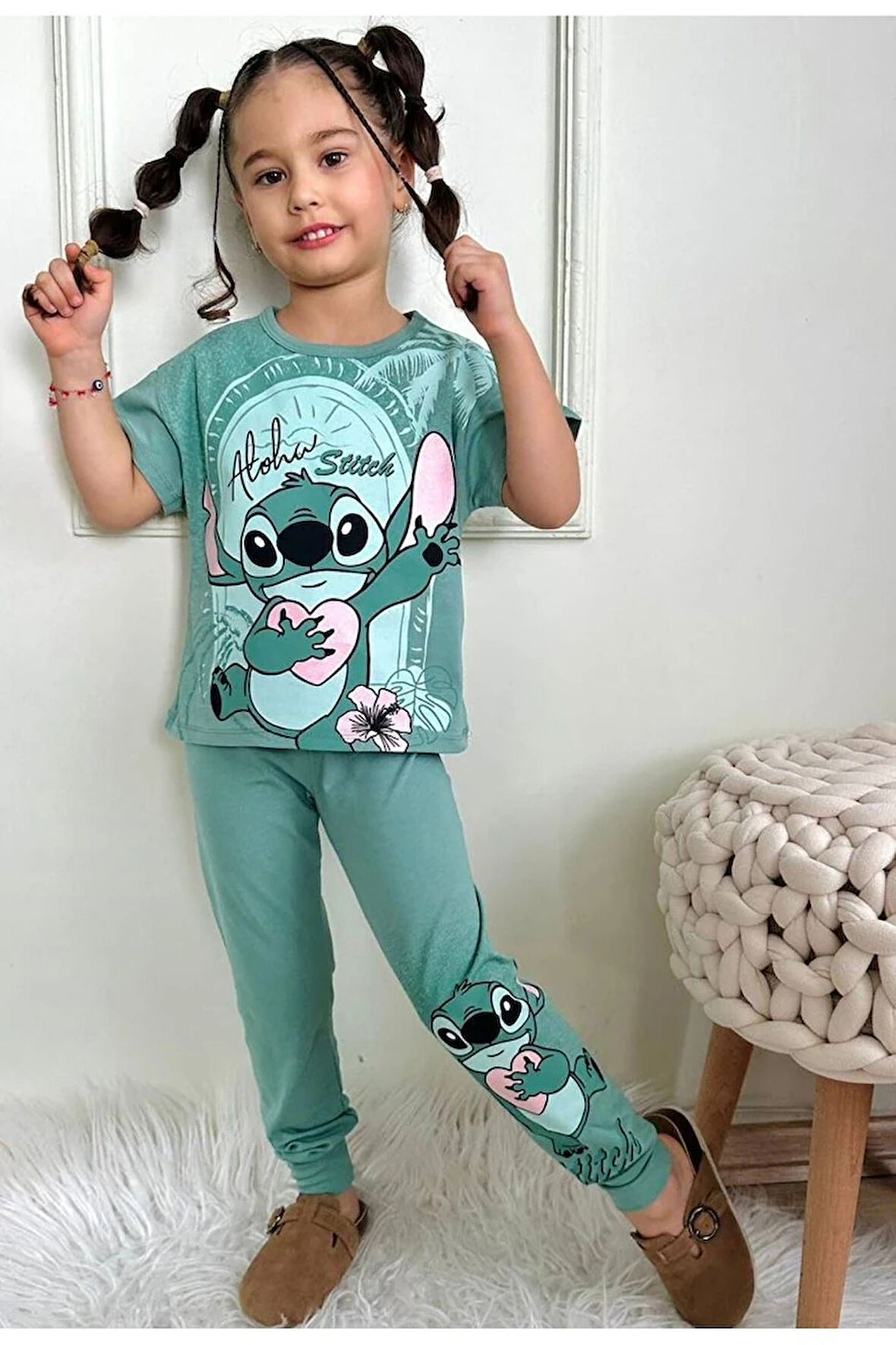 PJKKE Stitch Desenli Yeşil Eşofmanlı Kız Çocuk Kısa Kol Takım 3-10 Yaş 7434-Y