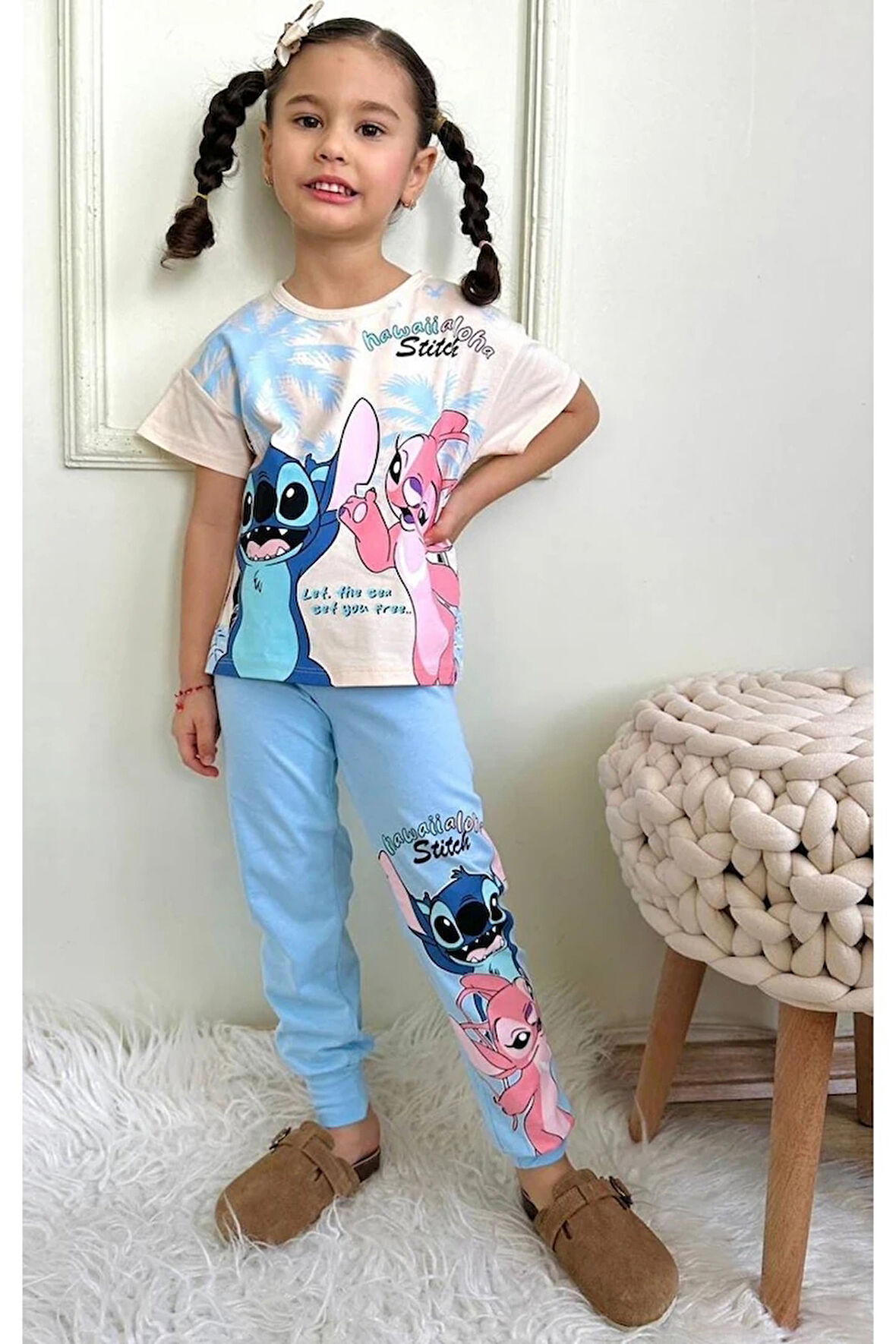 PJKKE Stitch Desenli Mavi Eşofmanlı Kız Çocuk Kısa Kol Takım 3-10 Yaş 7435-M