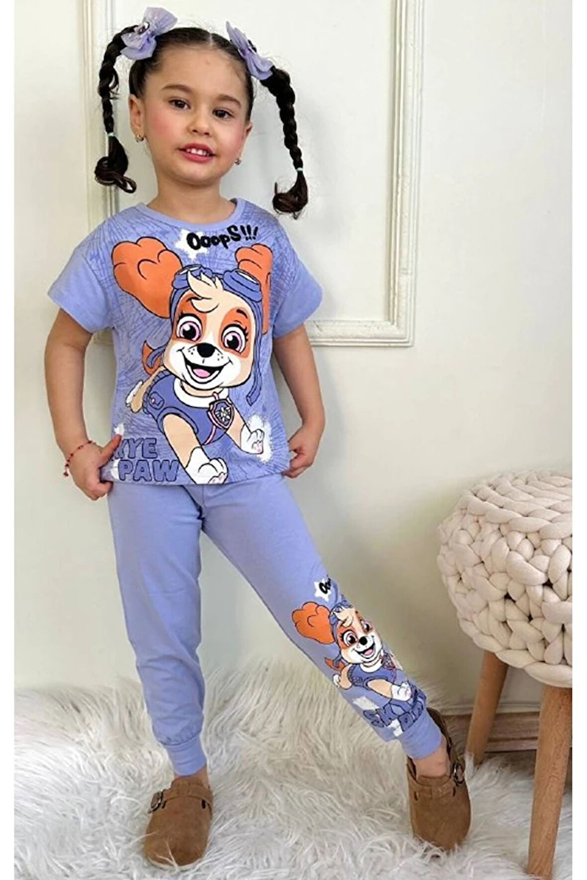 PJKKE Paw Petrol Desenli Lila Eşofmanlı Kız Çocuk Kısa Kol Takım 3-10 Yaş 7436-L
