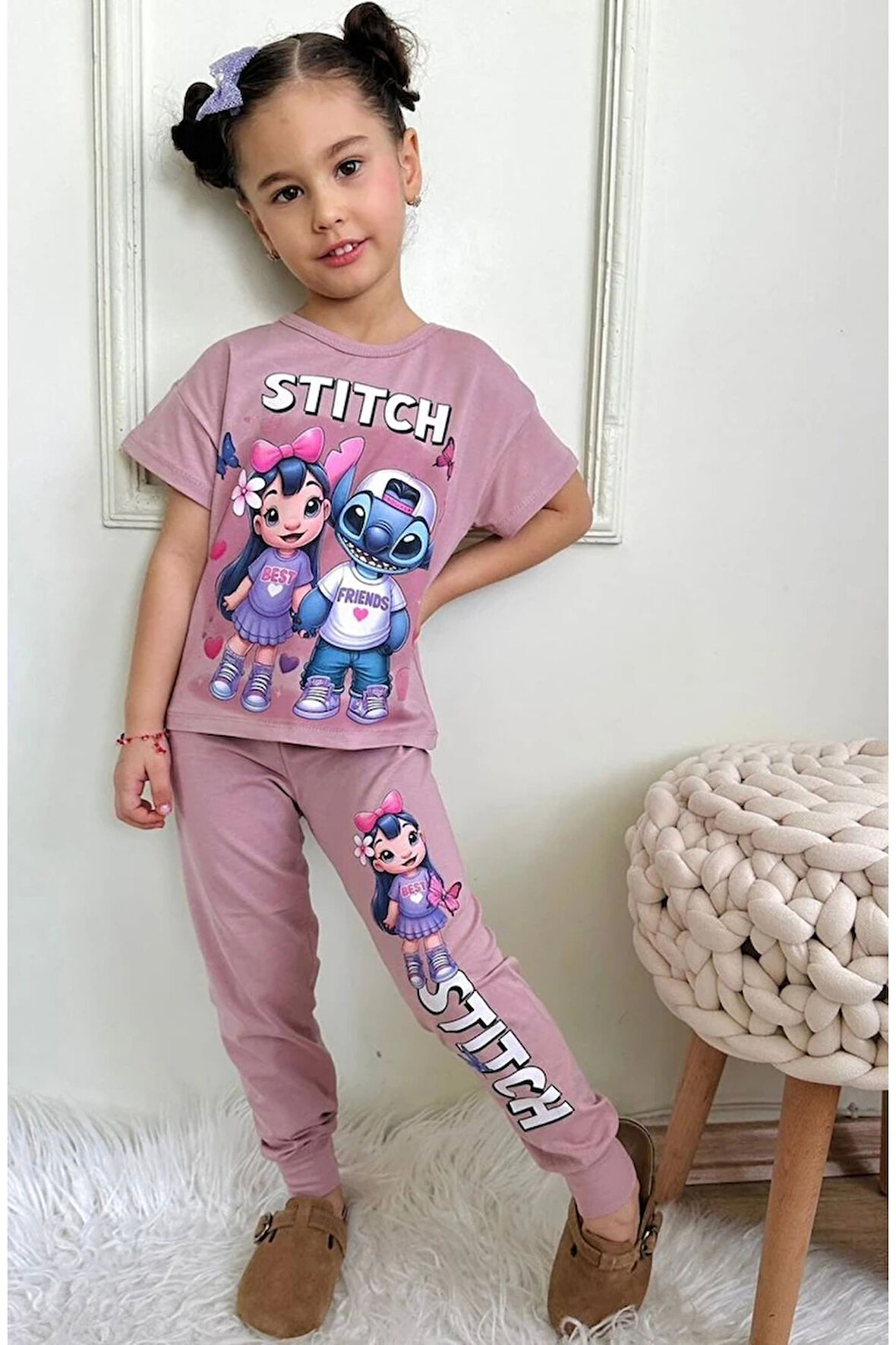 PJKKE Stitch Desenli Gül Kurusu Eşofmanlı Kız Çocuk Kısa Kol Takım 3-10 Yaş 7451-GK