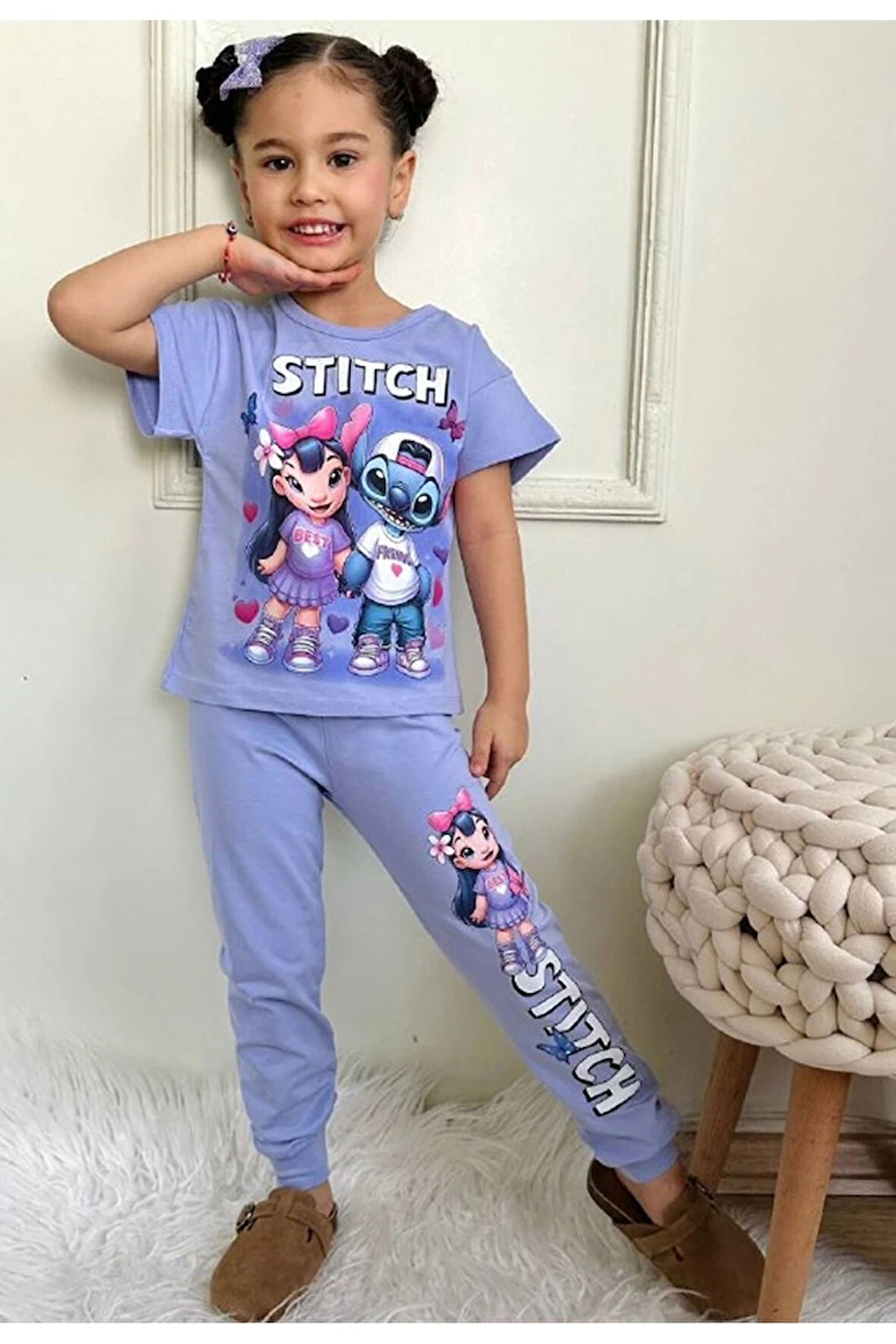 PJKKE Stitch Desenli Lila Eşofmanlı Kız Çocuk Kısa Kol Takım 3-10 Yaş 7451-L