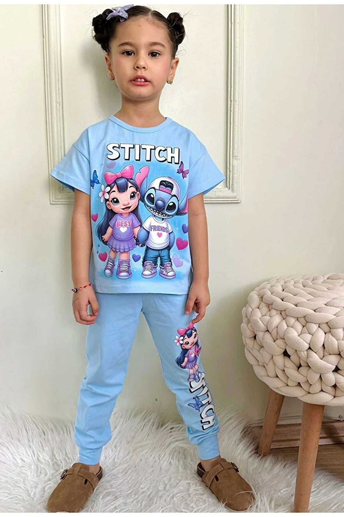 PJKKE Stitch Desenli Mavi Eşofmanlı Kız Çocuk Kısa Kol Takım 3-10 Yaş 7451-M