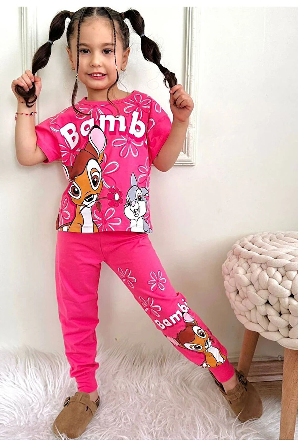 PJKKE BM Desenli Fuşya Eşofmanlı Kız Çocuk Kısa Kol Takım 3-10 Yaş 7452-F