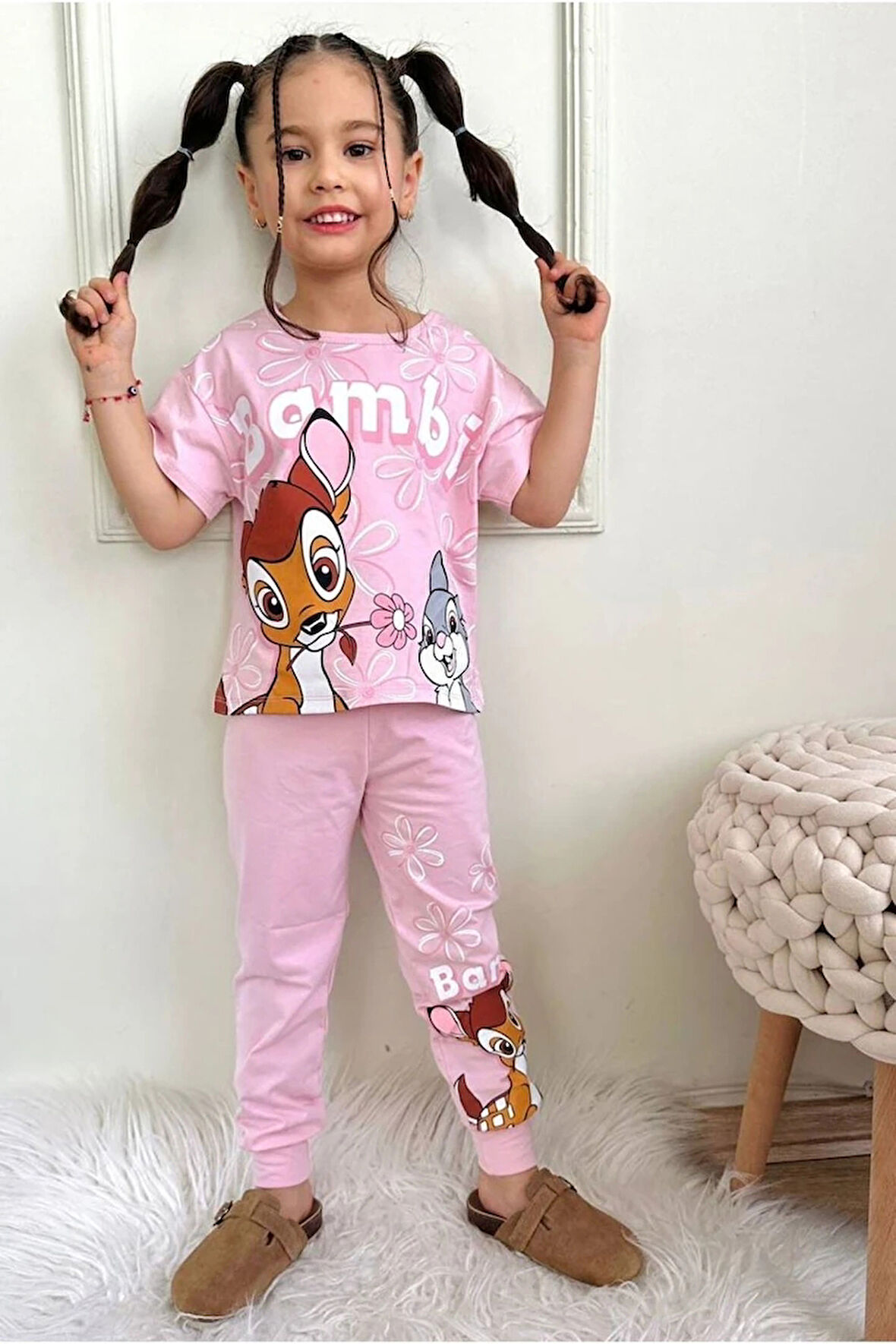 PJKKE BM Desenli Pembe Eşofmanlı Kız Çocuk Kısa Kol Takım 3-10 Yaş 7452-P