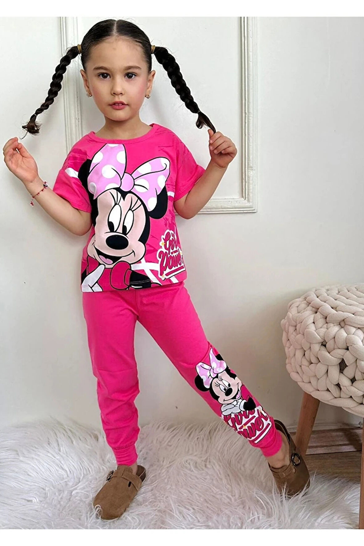 PJKKE Minnie Mause Desenli Fuşya Eşofmanlı Kız Çocuk Kısa Kol Takım 3-10 Yaş 7454-F