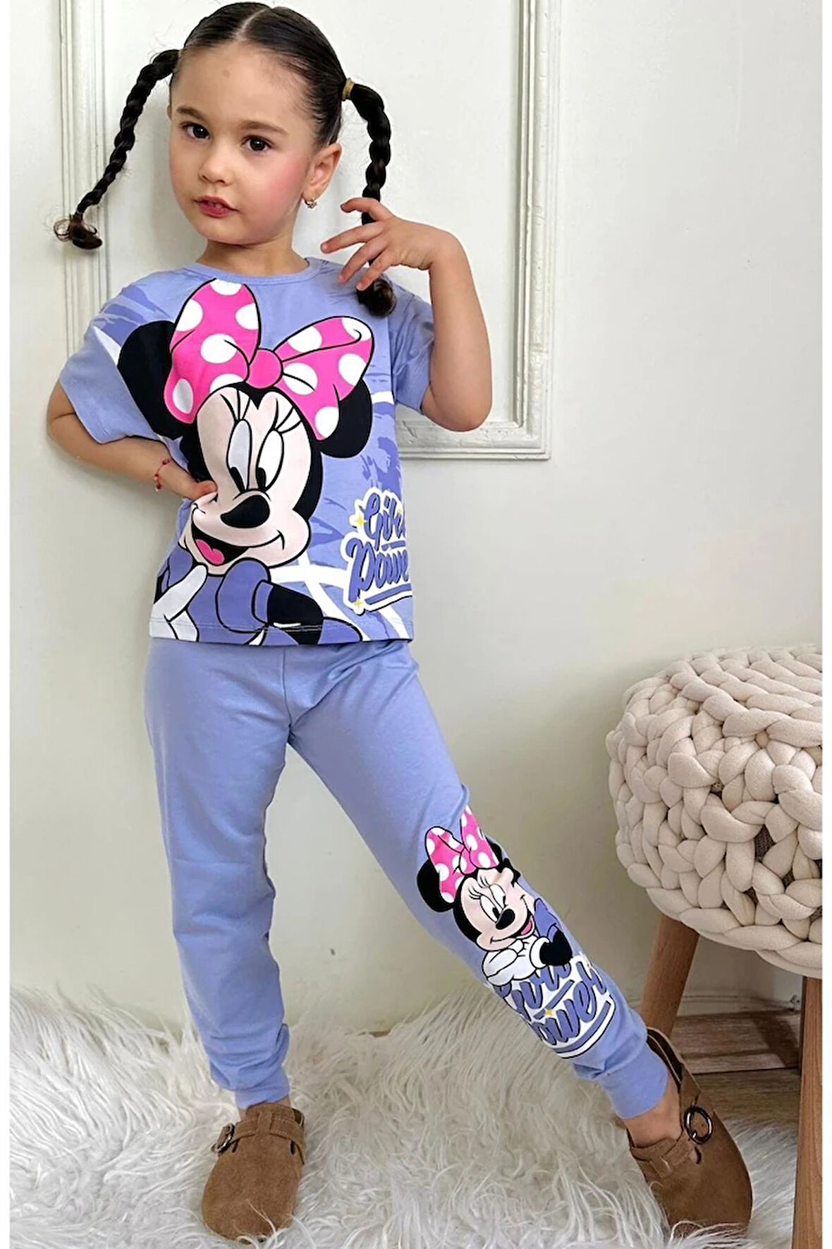 PJKKE Minnie Mause Desenli Lila Eşofmanlı Kız Çocuk Kısa Kol Takım 3-10 Yaş 7454-L