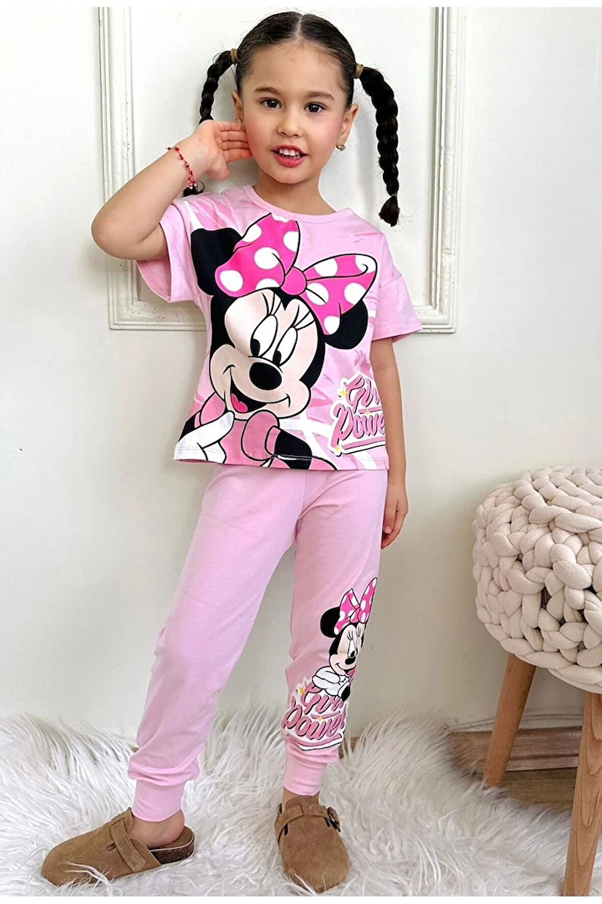 PJKKE Minnie Mause Desenli Pembe Eşofmanlı Kız Çocuk Kısa Kol Takım 3-10 Yaş 7454-P