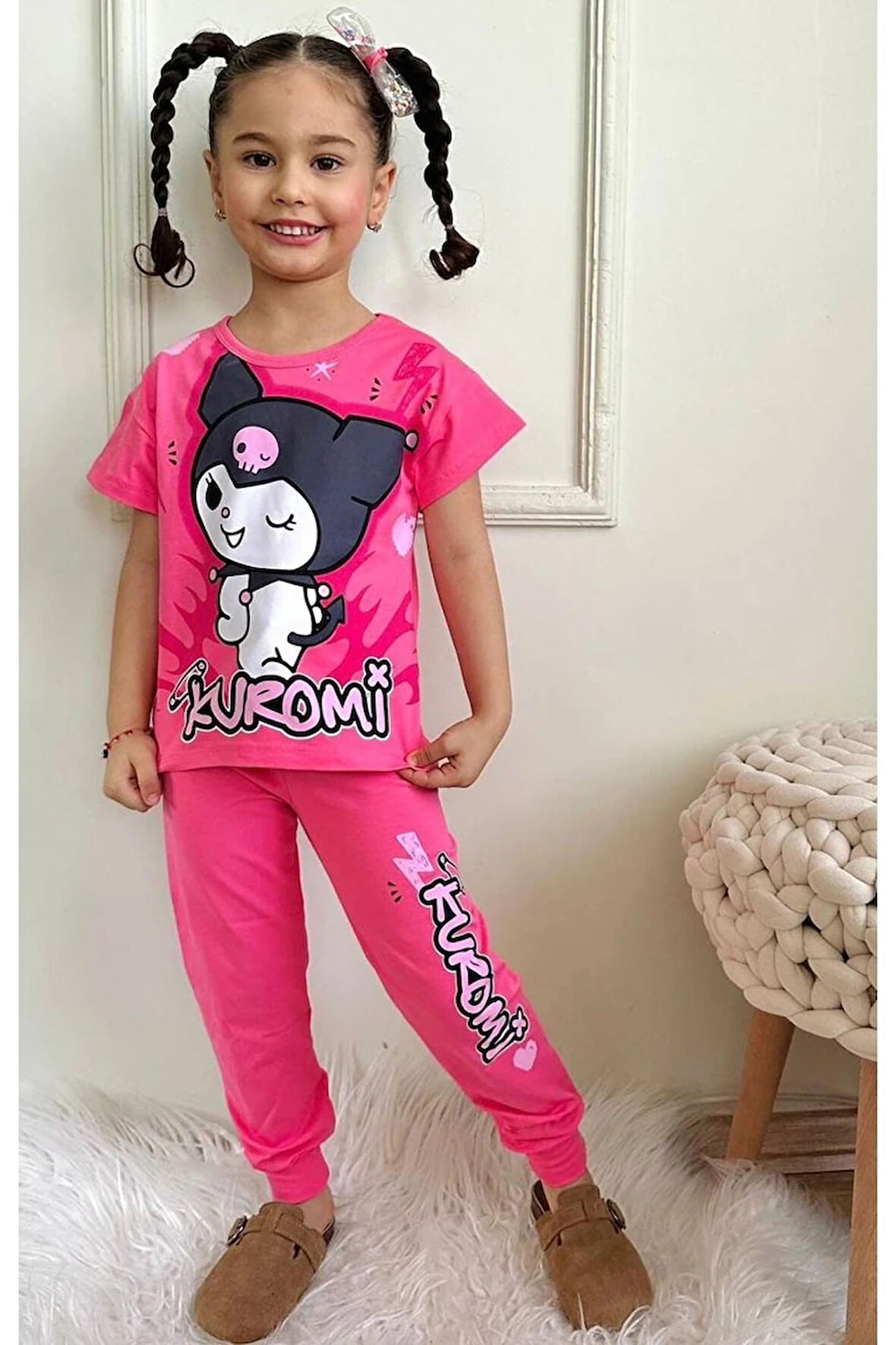 PJKKE Kuromi Desenli Fuşya Eşofmanlı Kız Çocuk Kısa Kol Takım 3-10 Yaş 7456-F