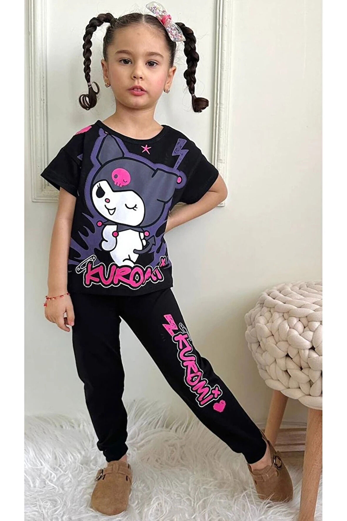 PJKKE Kuromi Desenli Siyah Eşofmanlı Kız Çocuk Kısa Kol Takım 3-10 Yaş 7456-S