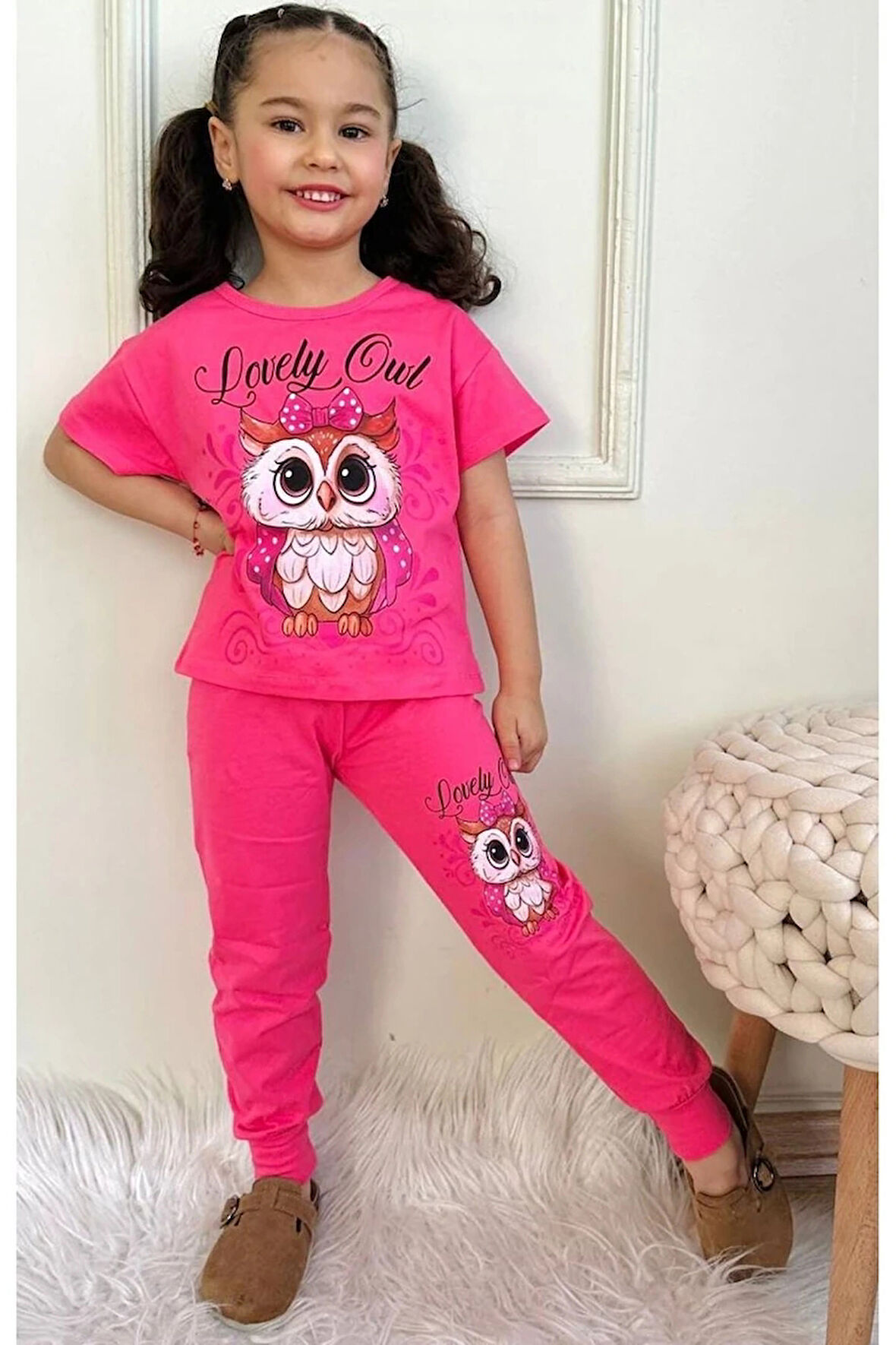 PJKKE Baykuş Desenli Fuşya Eşofmanlı Kız Çocuk Kısa Kol Takım 3-10 Yaş 7458-F