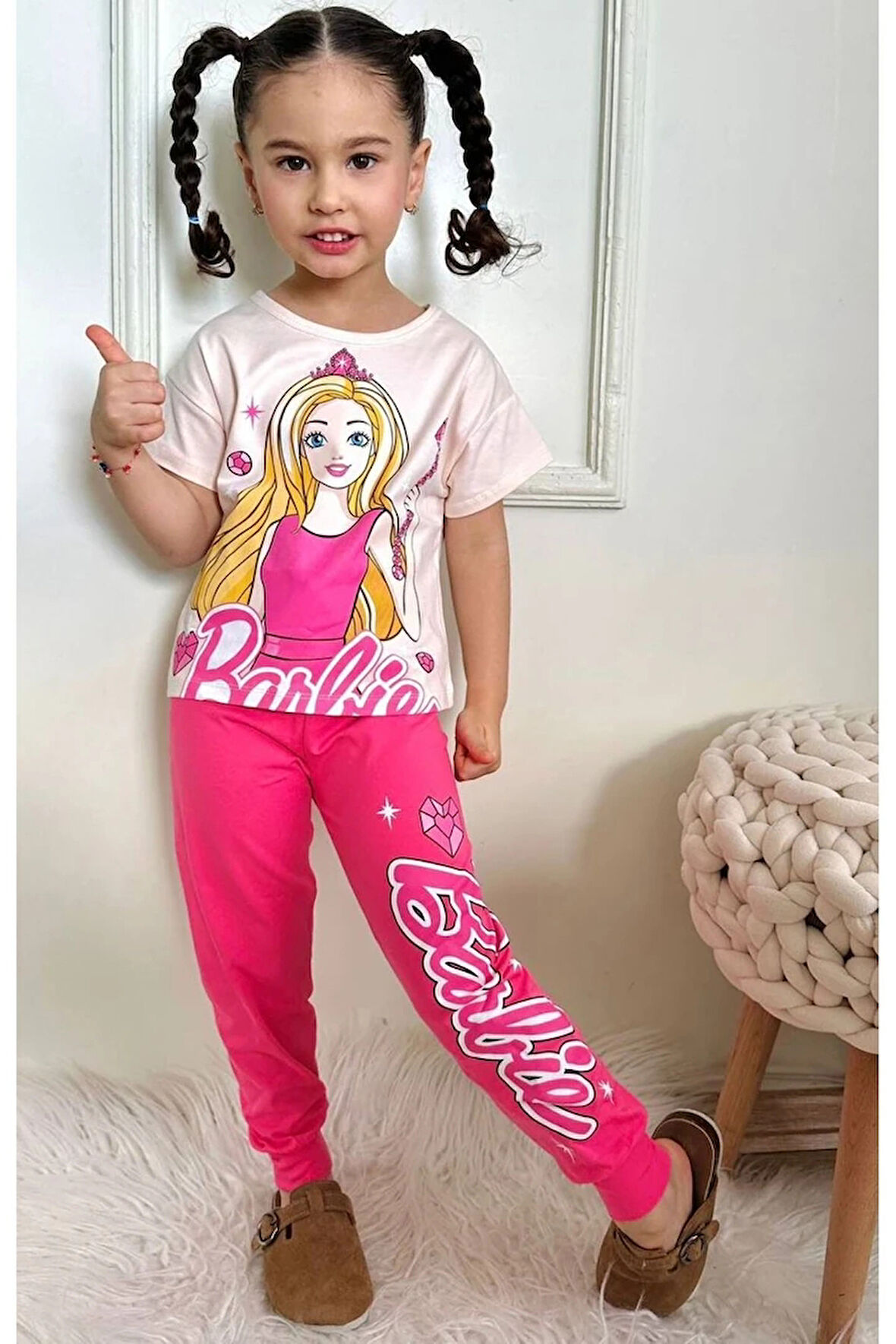 PJKKE Barbie Desenli Fuşya Eşofmanlı Kız Çocuk Kısa Kol Takım 3-10 Yaş 7494-F