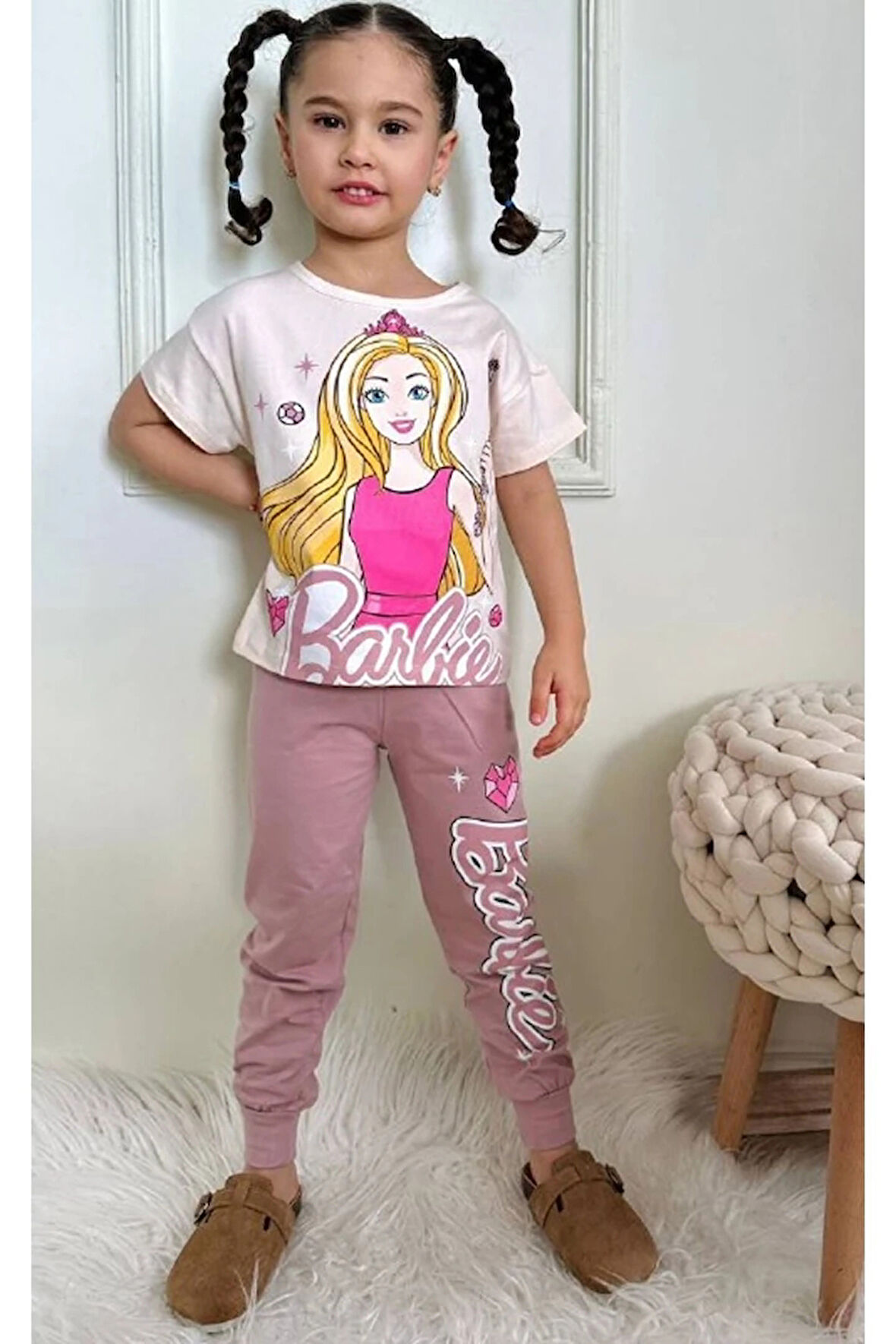 PJKKE Barbie Desenli Gül Kurusu Eşofmanlı Kız Çocuk Kısa Kol Takım 3-10 Yaş 7494-GK