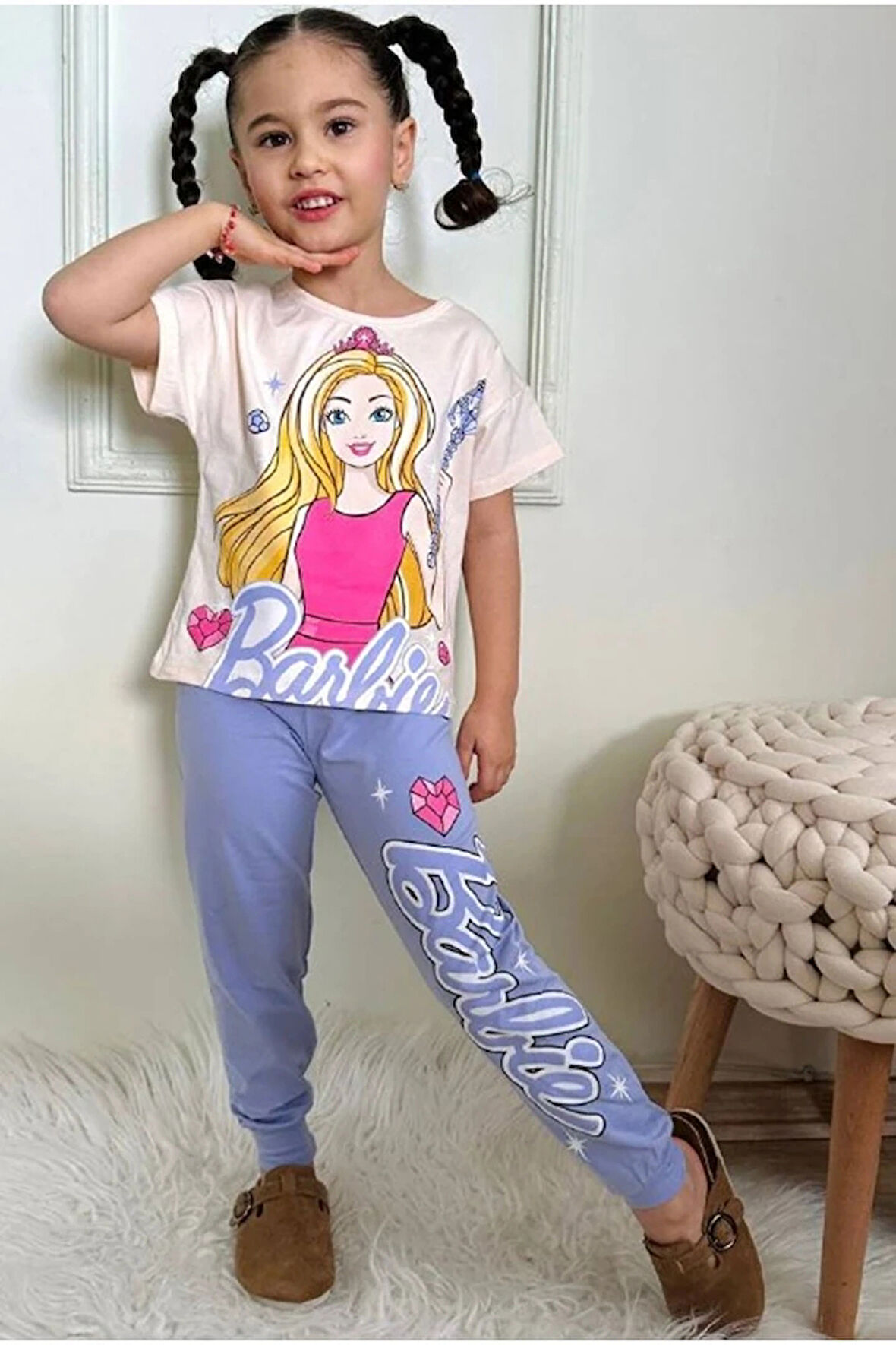 PJKKE Barbie Desenli Lila Eşofmanlı Kız Çocuk Kısa Kol Takım 3-10 Yaş 7494-L