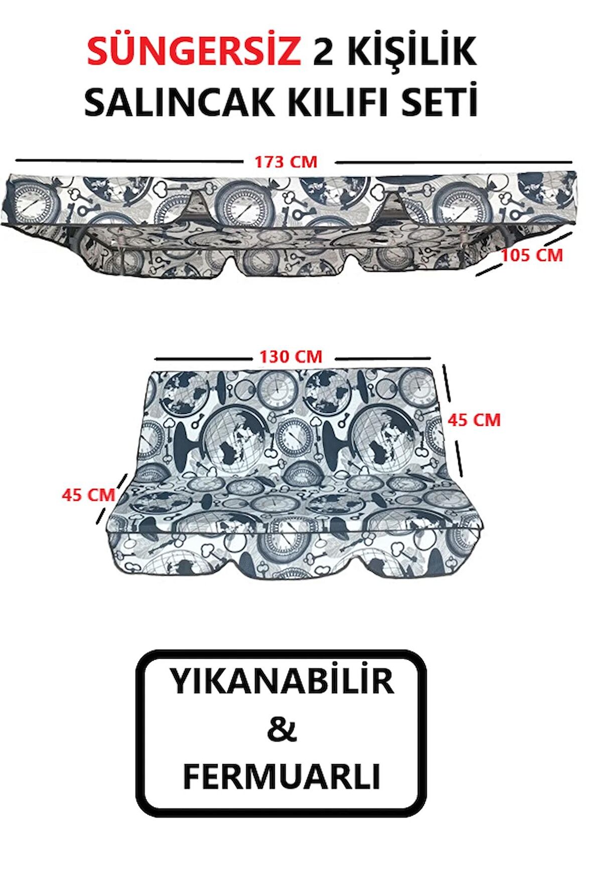 Süngersiz Salıncak Minder Seti Tenteli Salıncak Kumaş Seti 2 Kişilik Süngersiz Saat Desenli