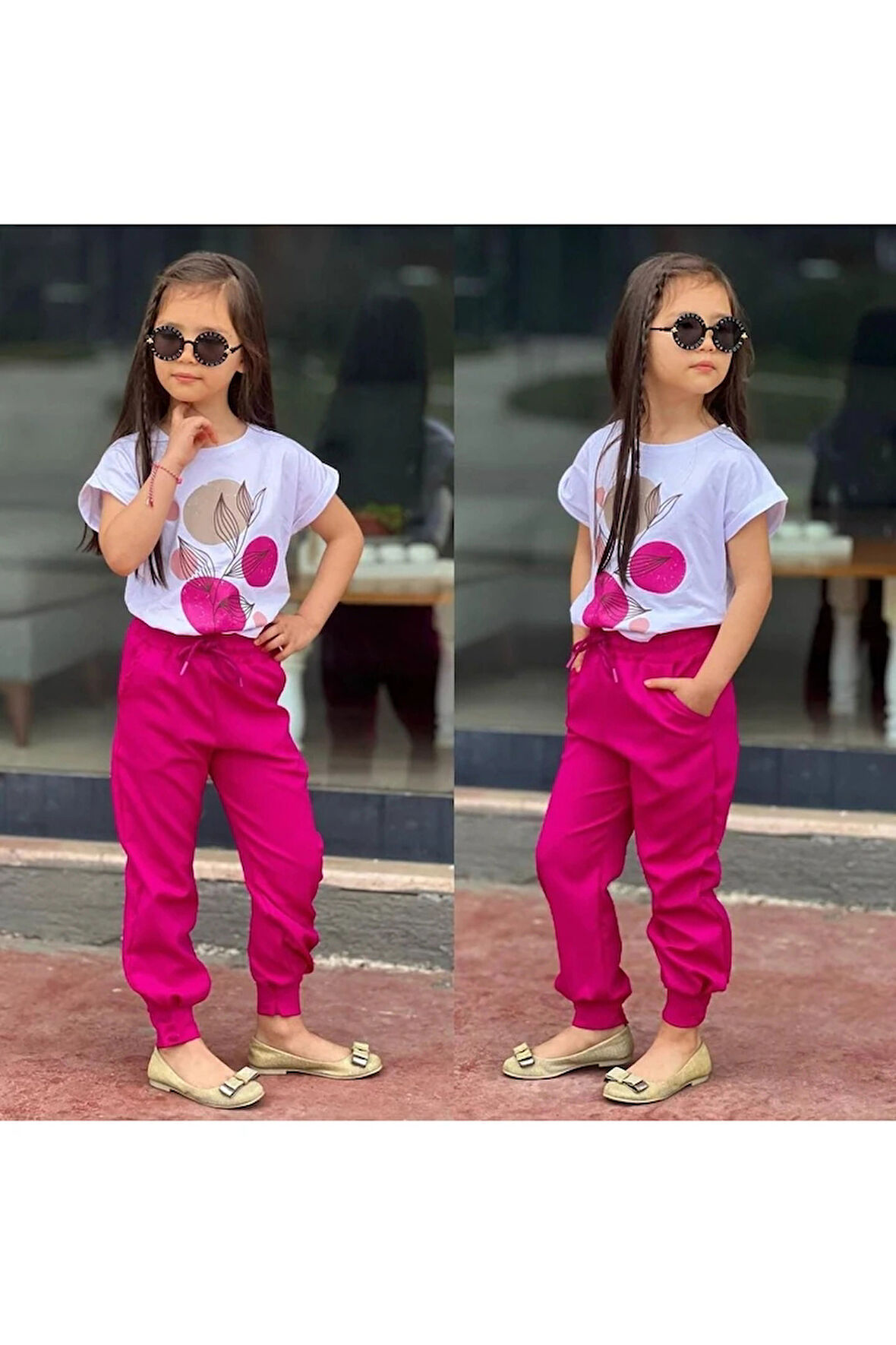 Çiçek Desenli Düğmeli Manşetli Paçalı Kumaş Pantolonlu Kız Takım Fuşya 5-14 Yaş 516-F