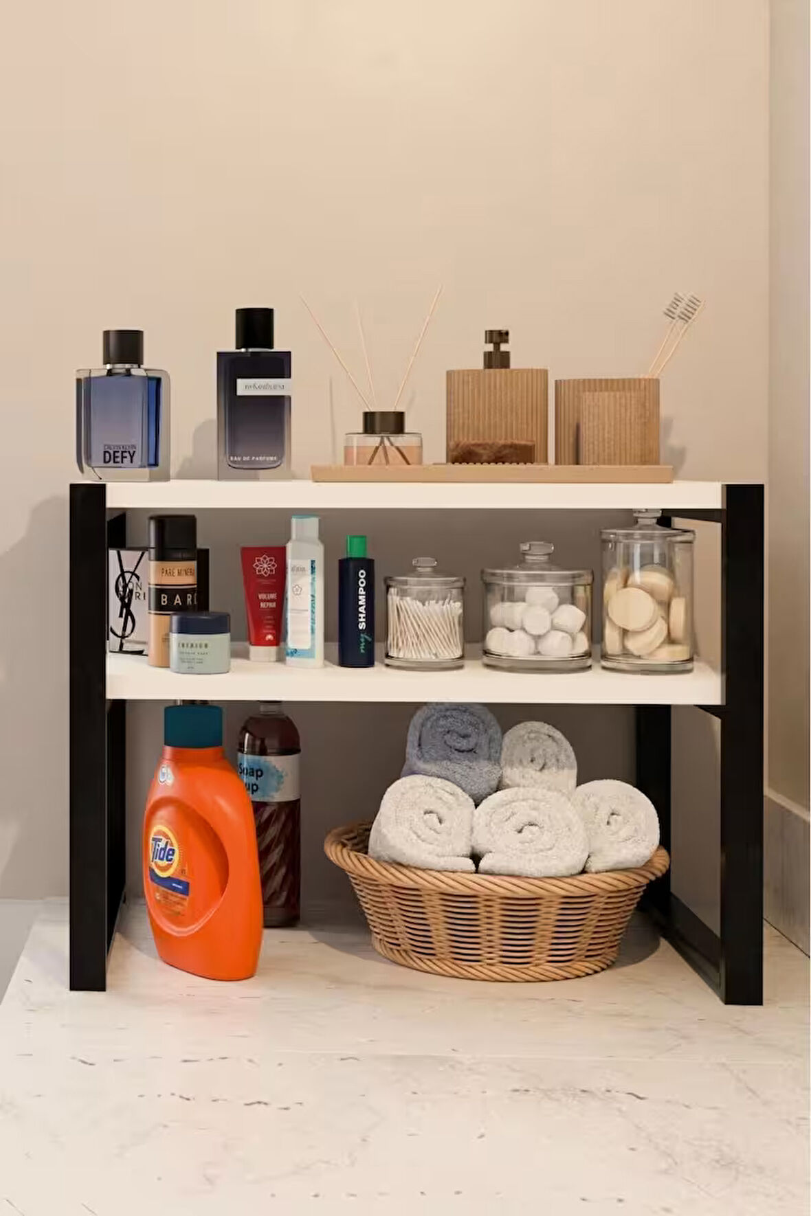 2 Katlı Banyo Rafı – Metal Ayaklı Tezgah Üstü Düzenleyici Organizer, Havlu & Kozmetik Saklama Rafı (57x32x48 cm)