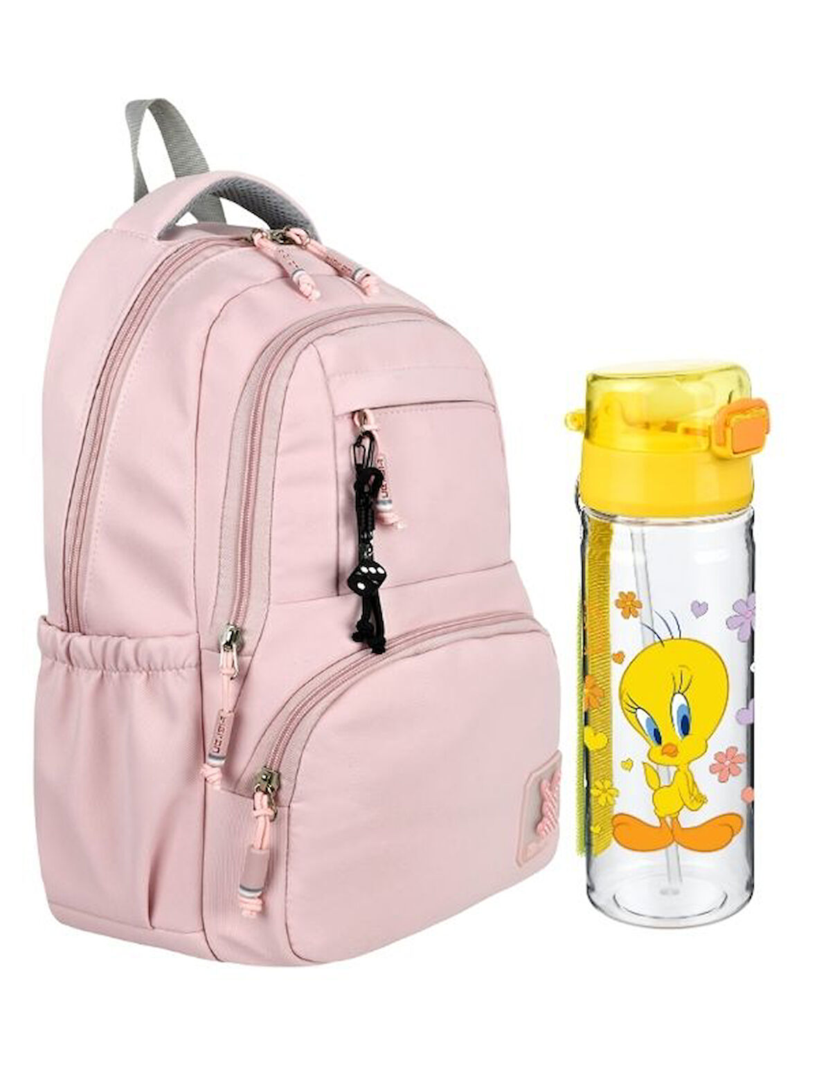 PEMBE renk 2'li OKUL ÇANTASI SETİ Su Geçirmez SATEN Kumaş - Sırt Çantası - TWEETY suluk