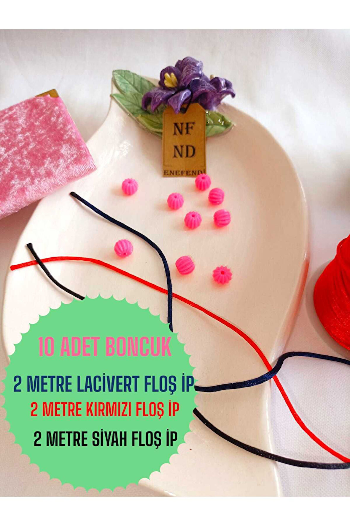 10 Pembe Boncuk 2m Siyah 2m Lacivert 2m Kırmızı Floş Ip Ve Bileklik Aparatı Plastik Hediye