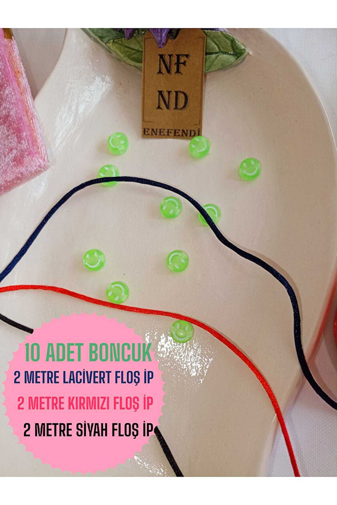 2m SİYAH 2m LACİVERT 2m KIRMIZI FLOŞ İP VE 10 GÜLEN YÜZ YEŞİL BONCUK BİLEKLİK APARATI PLASTİK HEDİYE