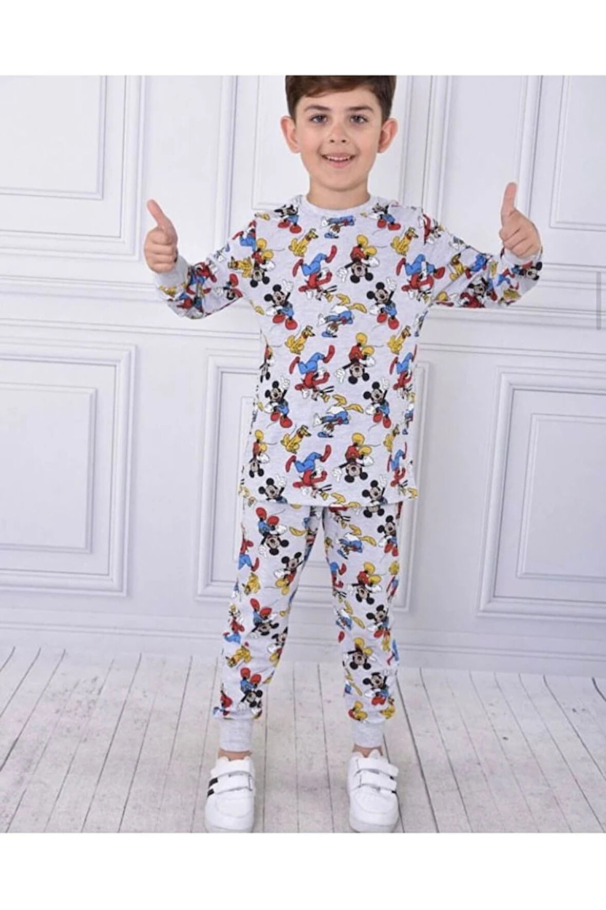 SRNP Mickey Desenli Erkek Çocuk Uzun Kollu Pijama Takımı 3-10 Yaş 011
