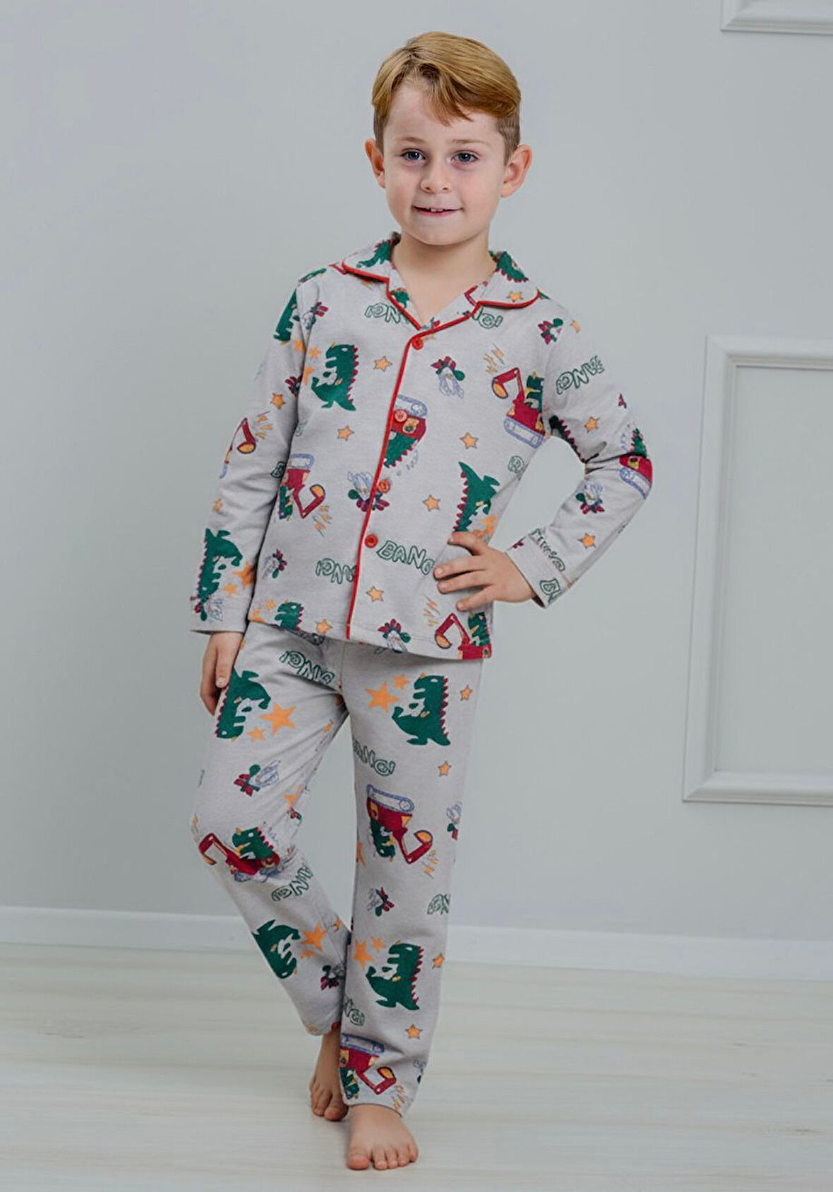 PJKÖ Dinozor Desenli Gri Uzun Kollu Önden Düğmeli Erkek Çocuk Pijama Takımı 4-12 Yaş 509U