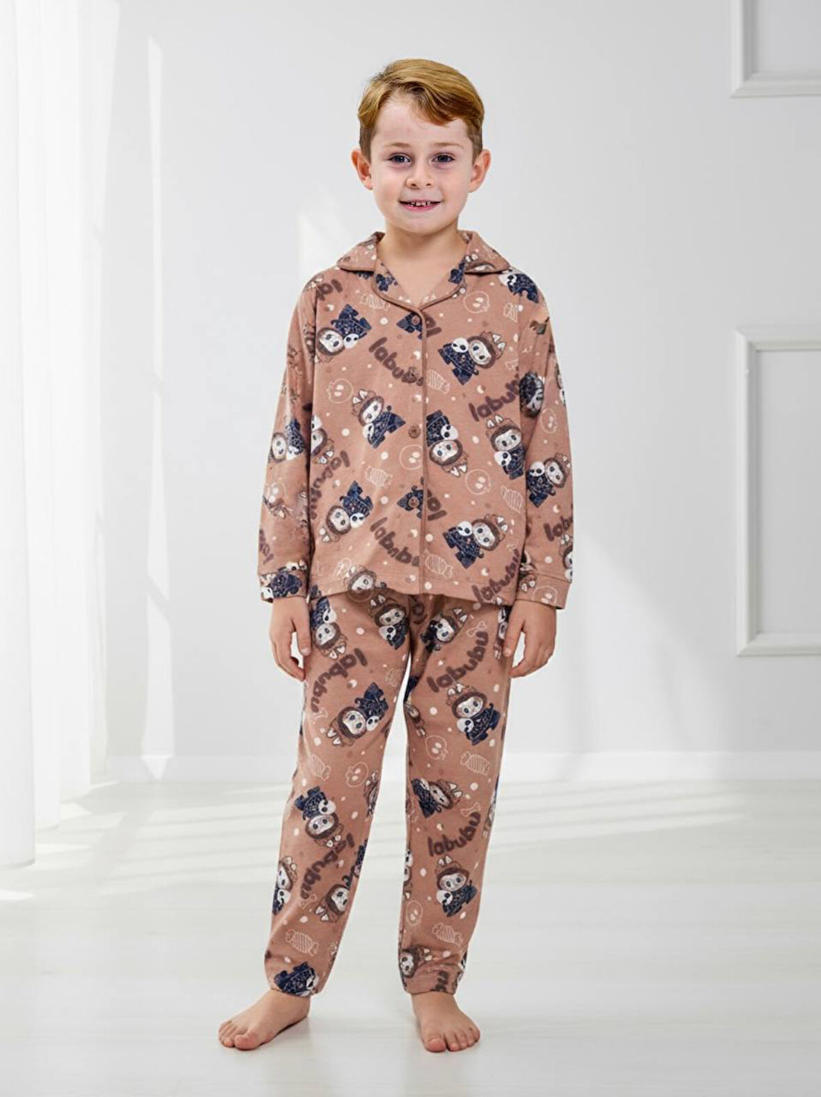 PJKÖ Labubu Desenli Uzun Kollu Önden Düğmeli Erkek Çocuk Pijama Takımı 4-12 Yaş 511U