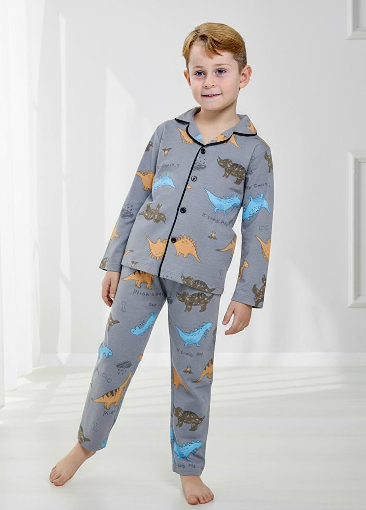 PJKÖ Dinozor Desenli Uzun Kollu Önden Düğmeli Erkek Çocuk Pijama Takımı 4-12 Yaş 512U